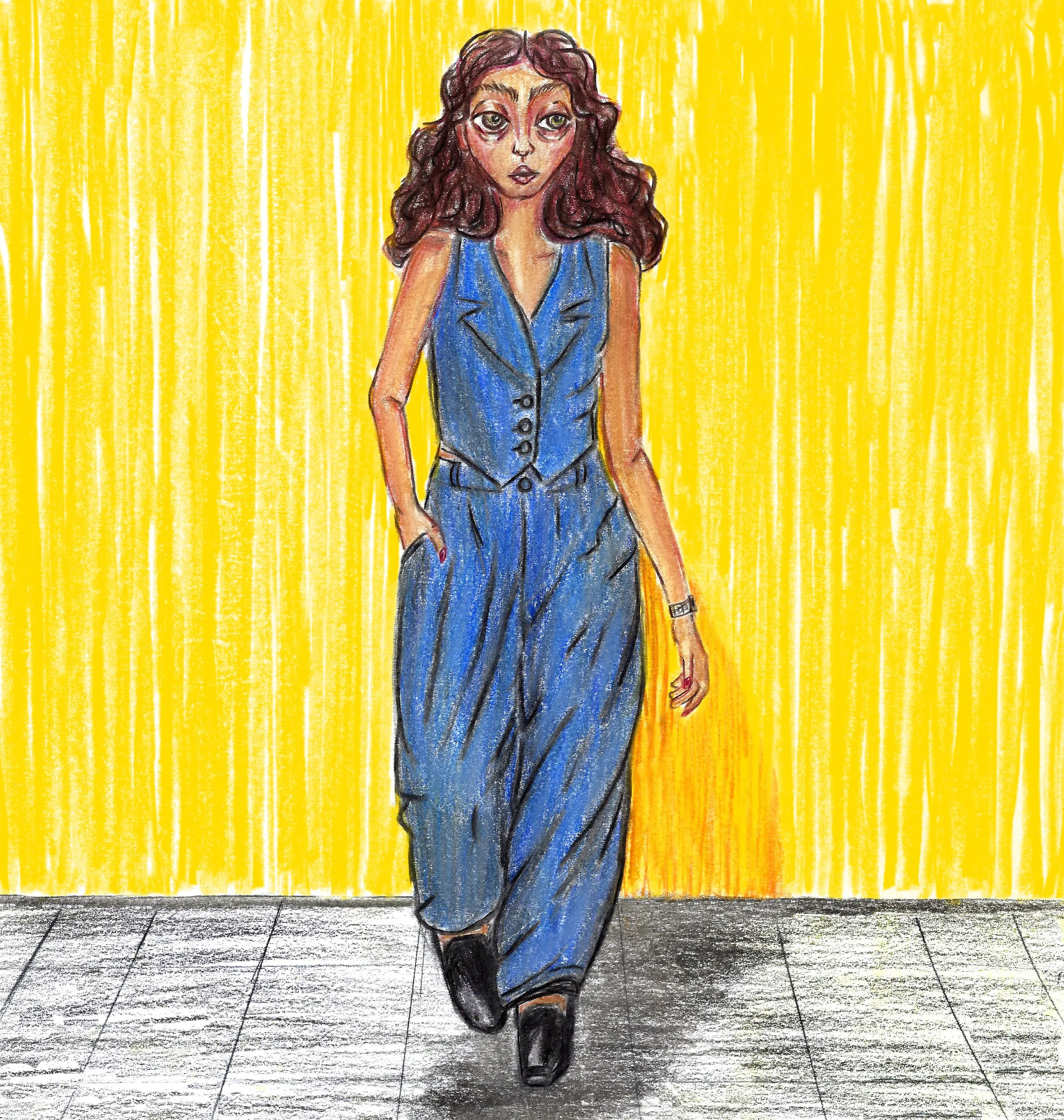 Colored pencil composition of a girl walking forward in a navy suit with billowing pants and a vest with a lapel. She has caramel-colored skin and dark brown hair, one hand in her pocket. A shadow falls across the gray floor beneath her, with a brigh