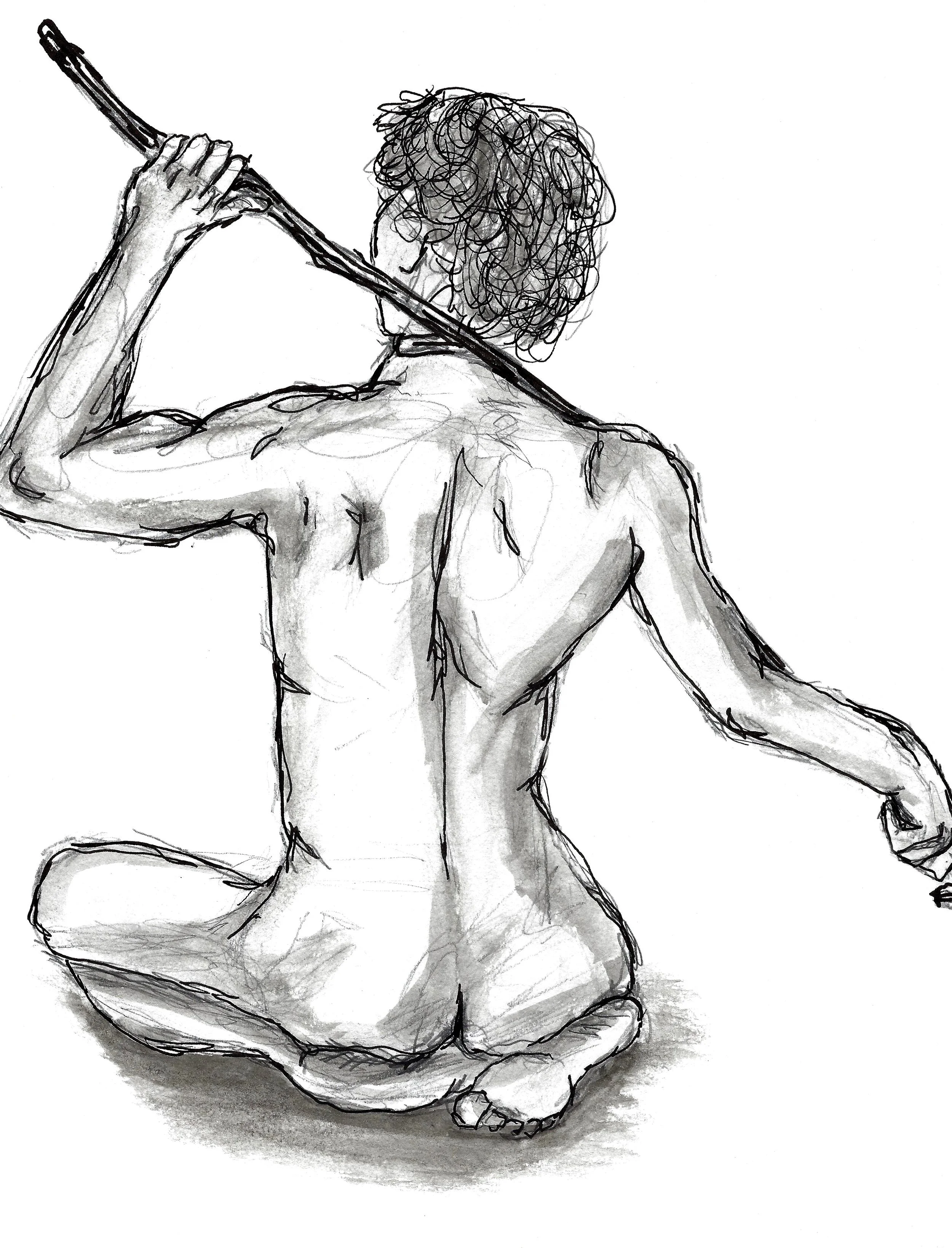 Pen and watercolor drawing of a masculine figure facing away, kneeling and holding a long stick across his shoulders. Loose pen lines define his form, while dark gray watercolor washes create shadows across his muscular body.