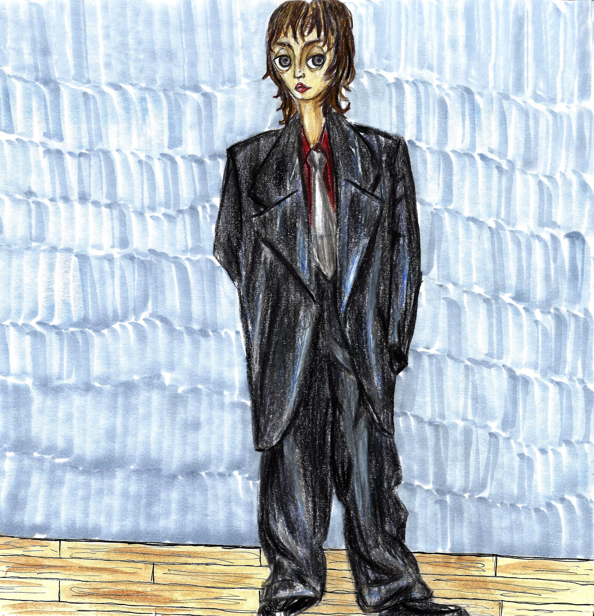Mixed media composition of a masculine-presenting person standing centered in an oversized suit. The pants pool at their ankles and the blazer falls to their knees. They wear a burgundy shirt and silver tie, with shaggy brown hair and brown eyes. The
