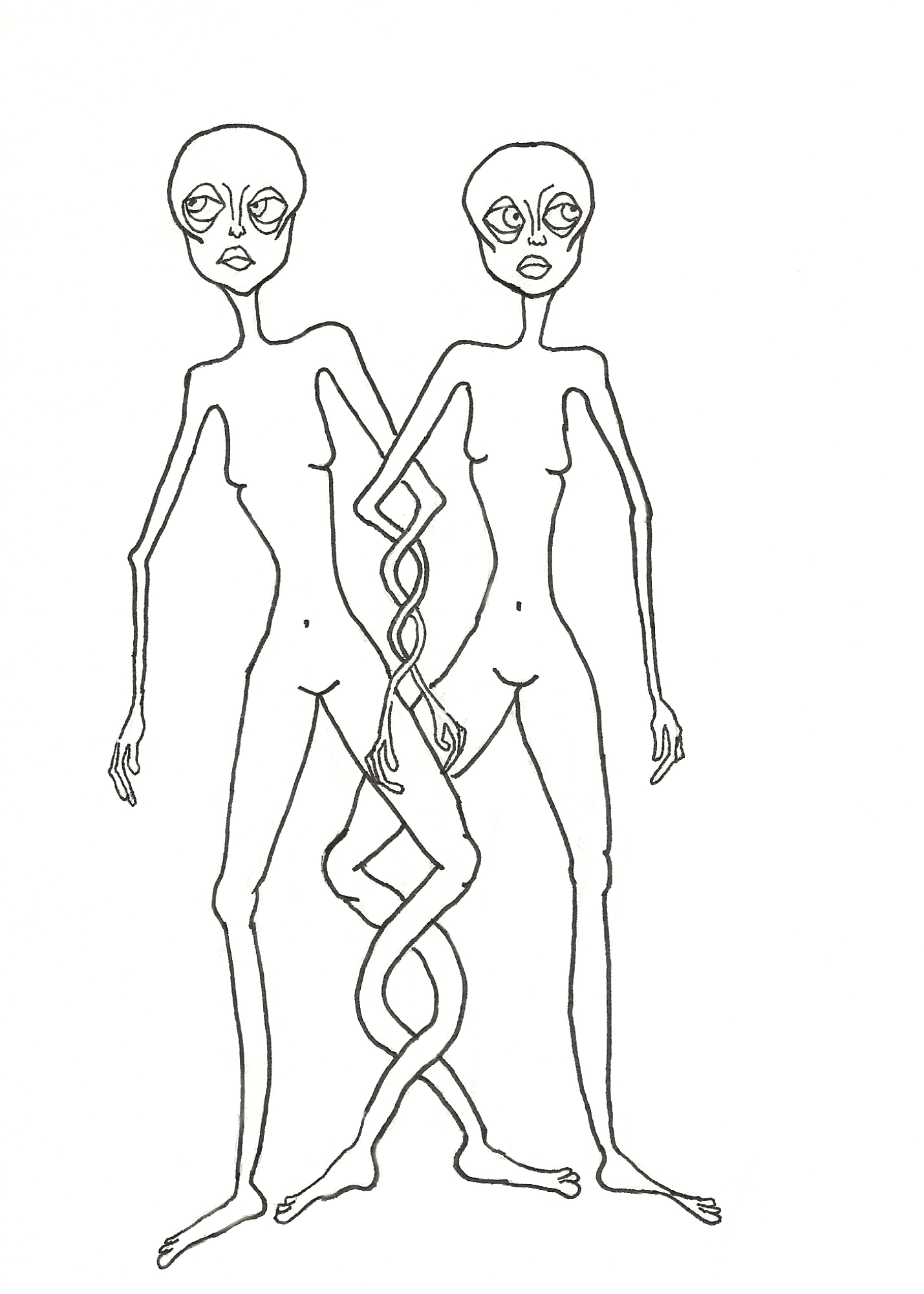 Line drawing of two alien-like figures standing side by side. Their arms and legs closest to each other are intertwined, while their bodies angle away and they look in opposite directions.