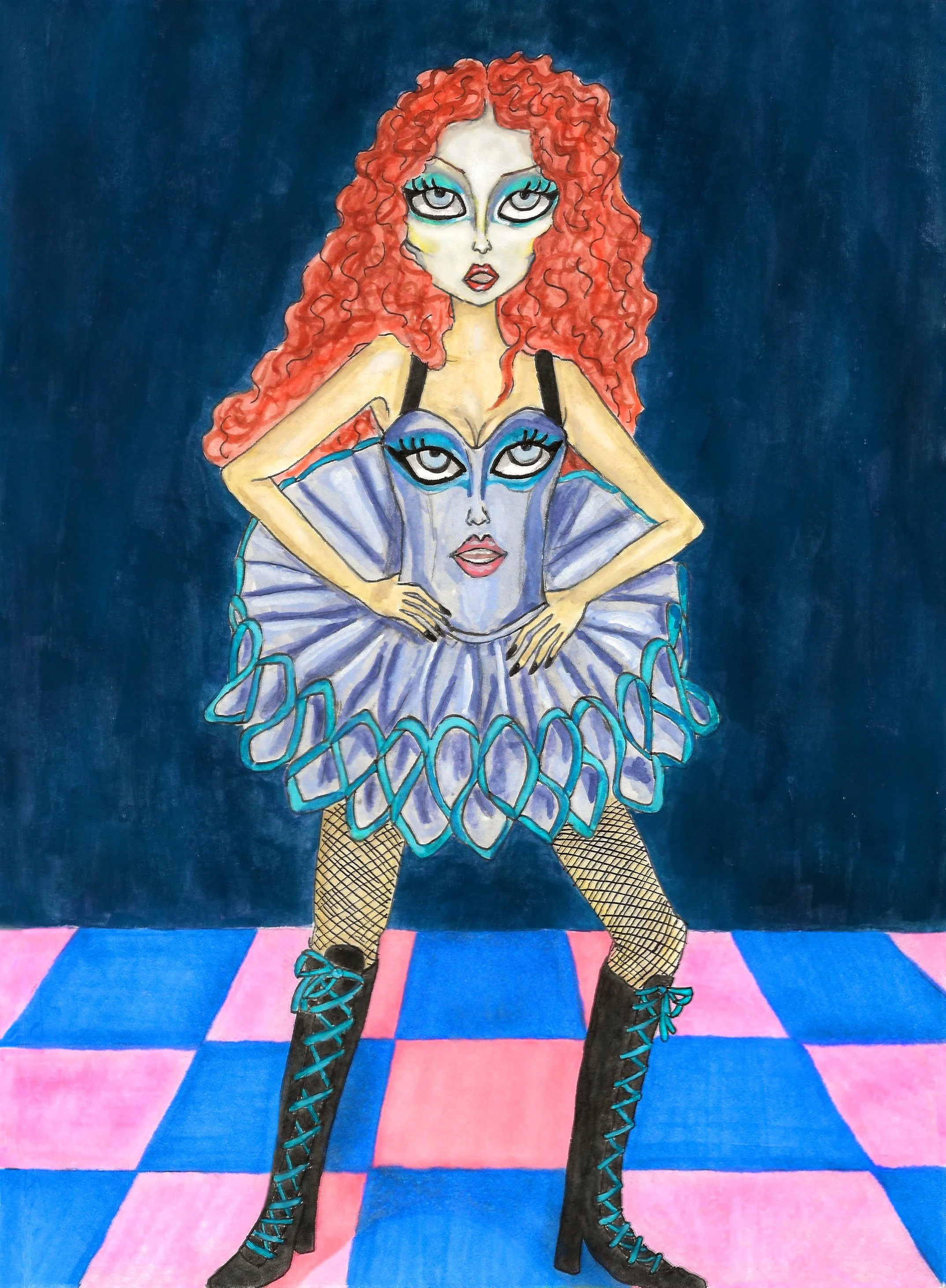 Mixed media illustration of one of Chappell Roan’s tour outfits. She stands centered on a blue and pink checkered floor wearing fishnets, knee-high boots with blue laces, and a lavender corset and structured tutu. The corset features an image of her 