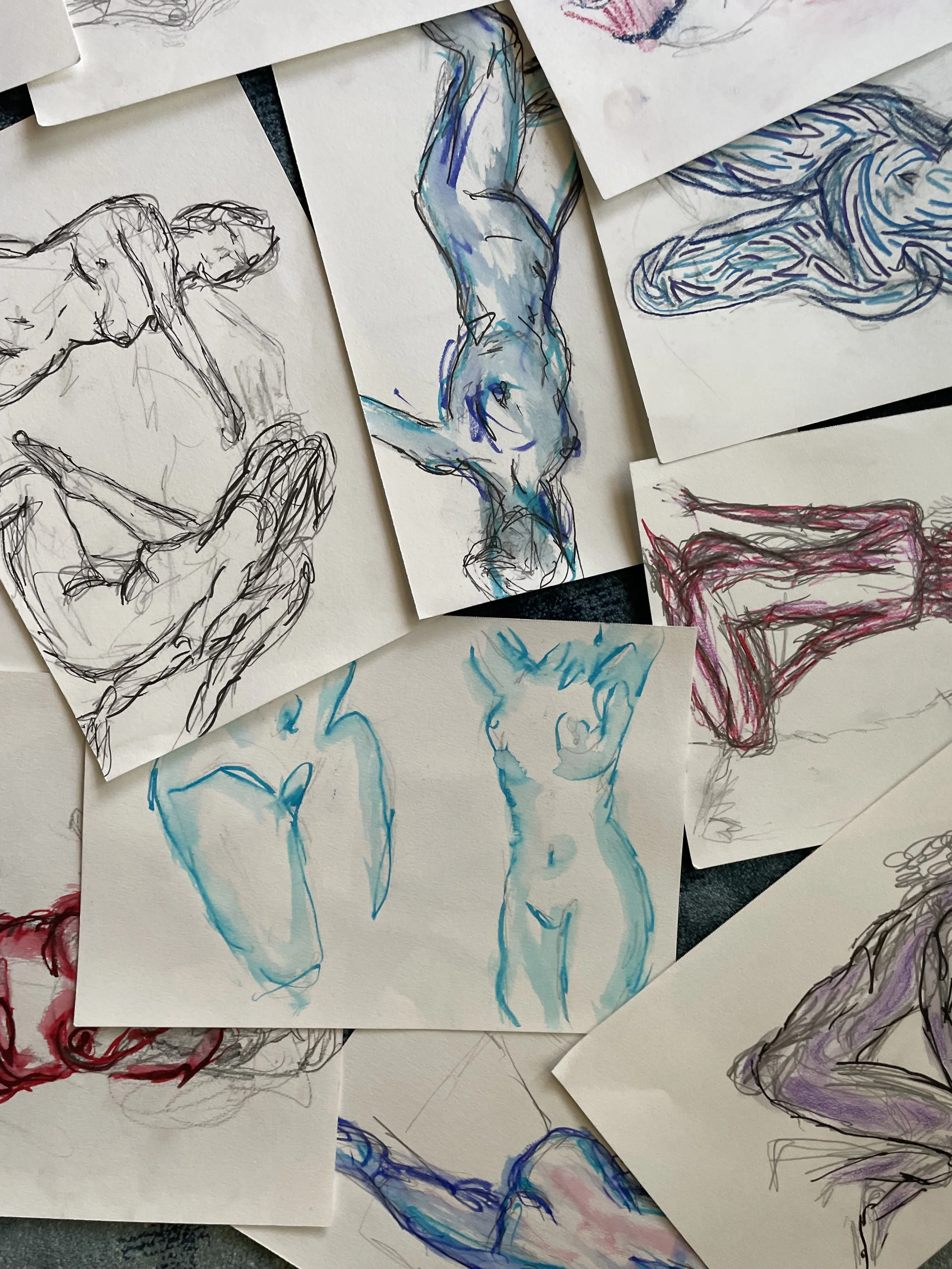 Several figure drawings viewed from above, each created using different materials including watercolor washes, pen, and colored pencil. 