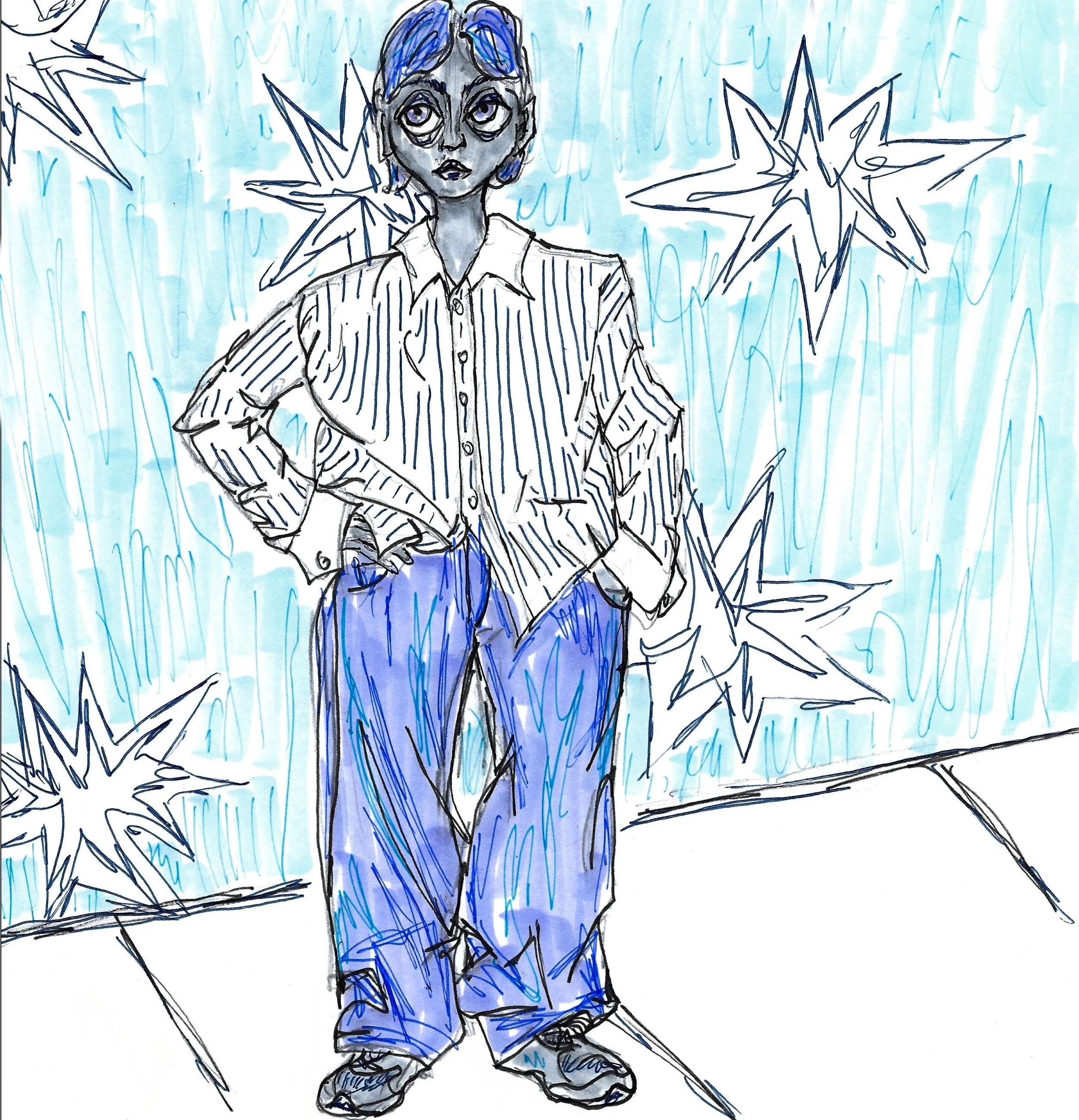 A mixed media drawing of a masculine-presenting person in a striped shirt, jeans, and sneakers. They have a mullet haircut and they stand with their hand on their hip, bunching up their shirt. The background behind them is embellished with large star