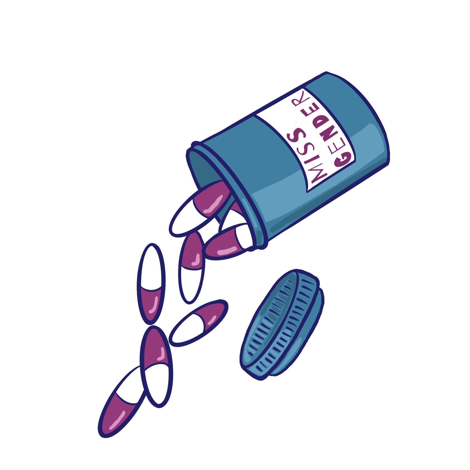 Decorative digital illustration of pink pills spilling out of a blue pill bottle that says “Miss Gender”.