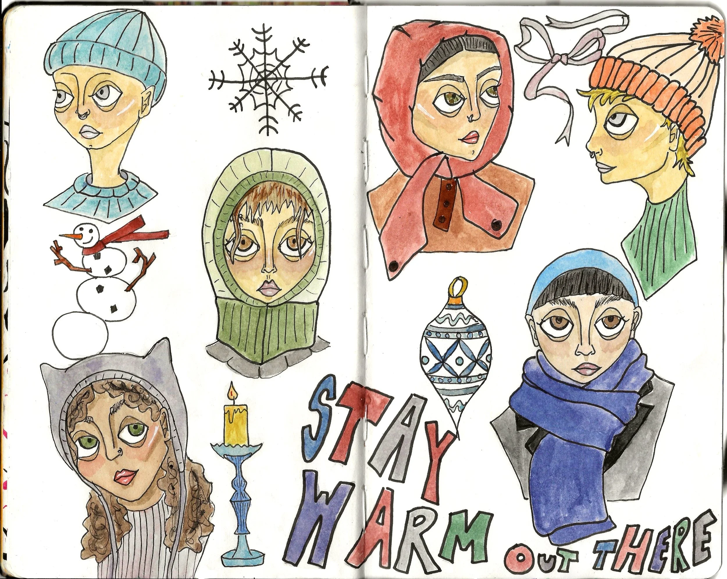 Sketchbook spread showing six different people’s busts dressed in winter clothing. Sweaters, hats, scarves, and balaclavas appear across both pages in blues, greens, reds, and purples. Between the figures are winter motifs like ribbons, ornaments, ca