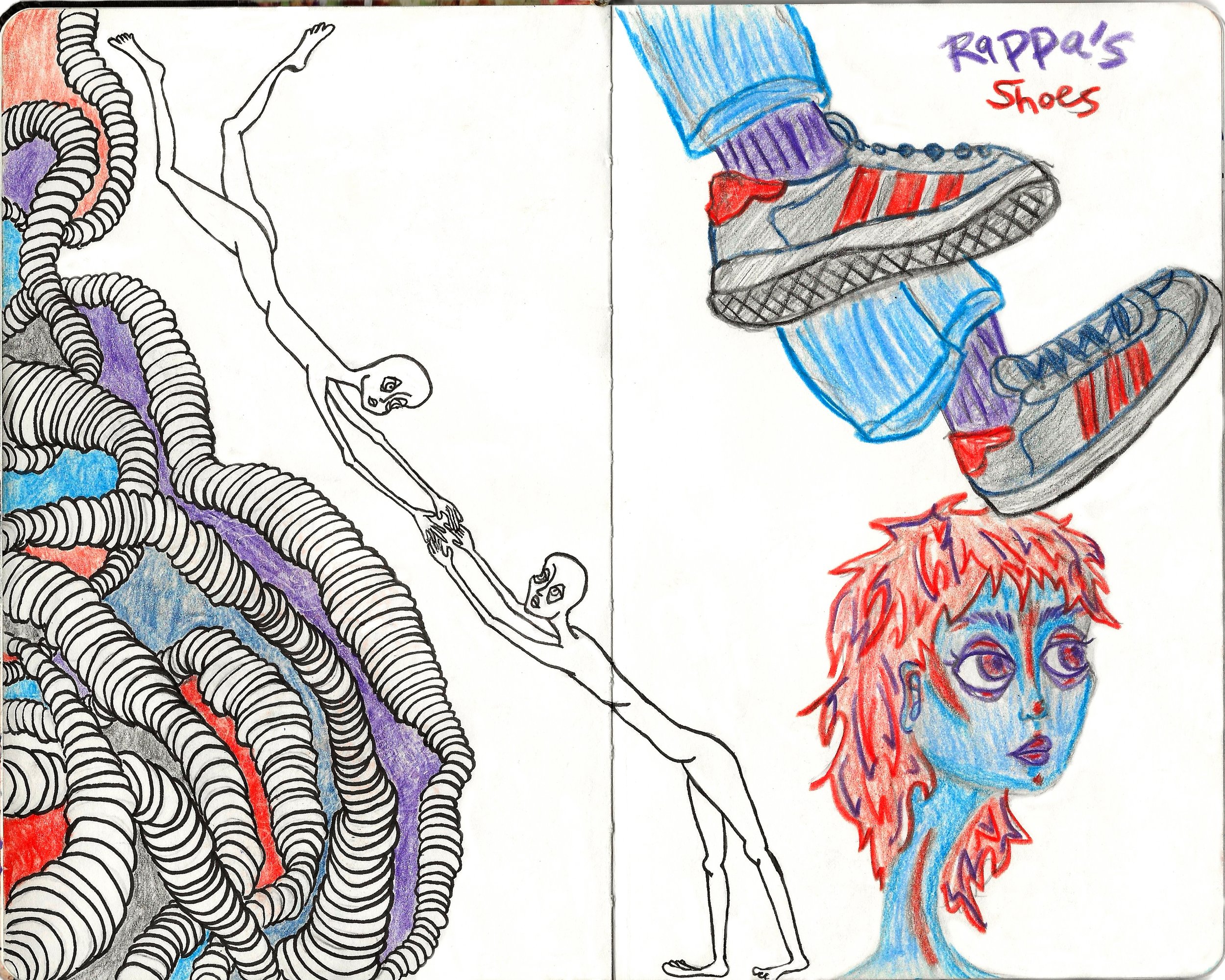 Sketchbook spread filled with multiple doodles. On the left page is a pattern of interlocking circles forming winding pathways. An alien-like figure bridges both pages, holding another figure who appears to float away. On the right page is a drawing 