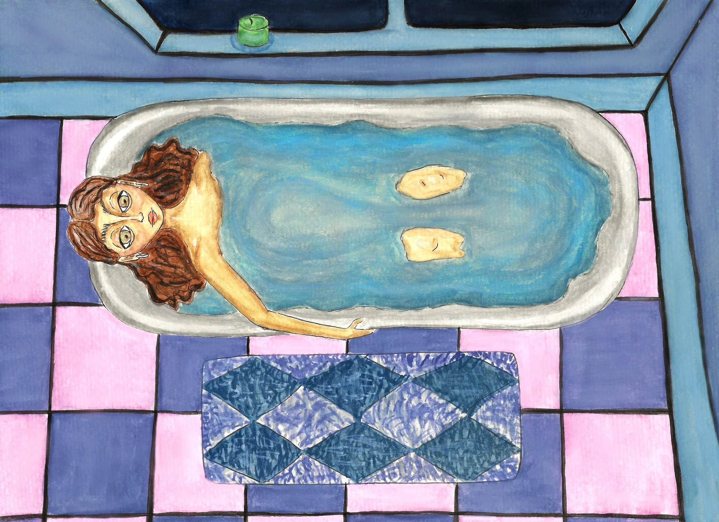 Gouache and watercolor painting of a girl in a bathtub positioned in the corner of a bathroom with a pink and purple checkered floor. A purple bath mat sits beside the tub, and a window with a candle rests on the ledge. Her knees peek above the water