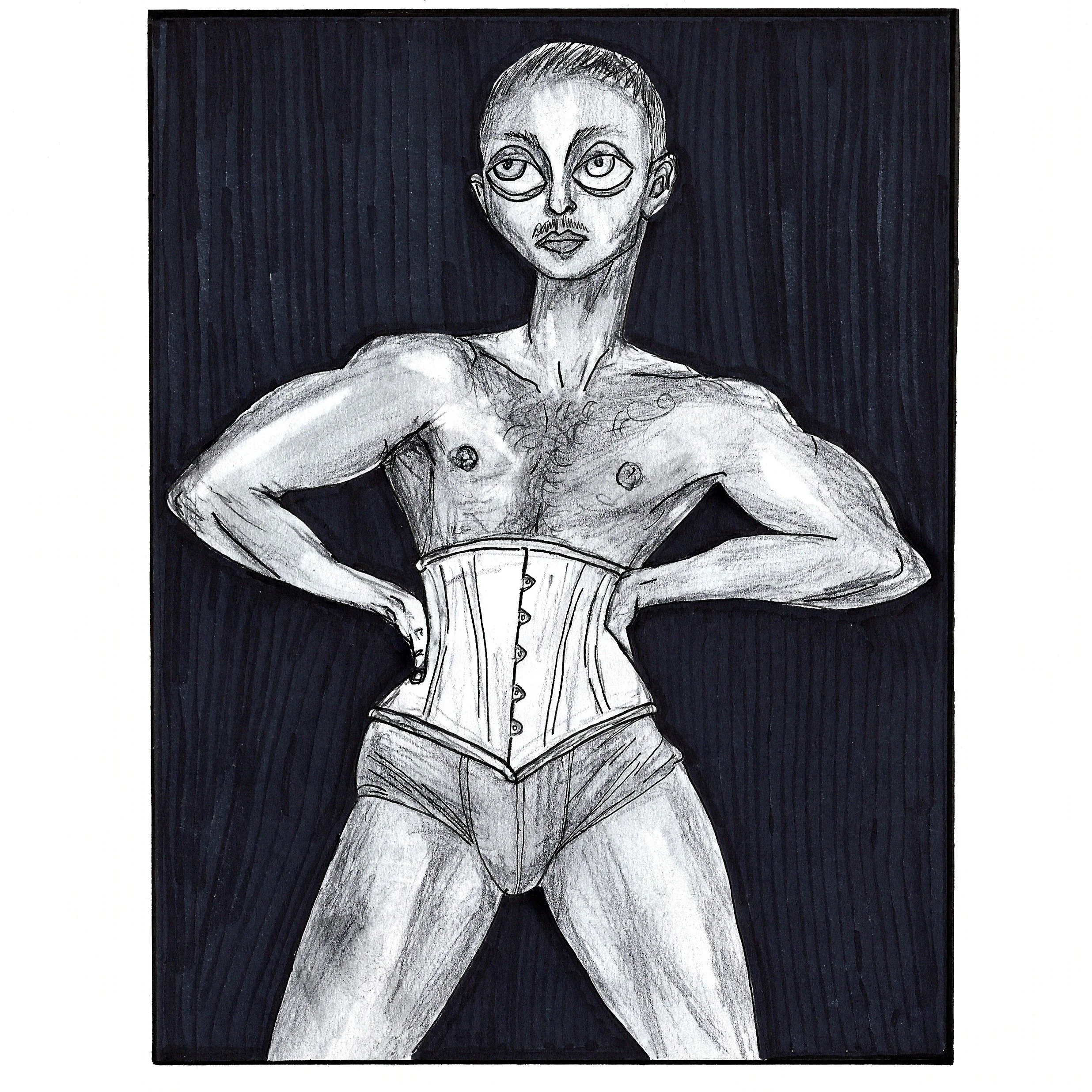 Mixed media grayscale composition of drag artist Pattie Gonia out of drag. They are naked besides boxers and a corset around their waist. They look both masculine and feminine with their musculature and body hair as their hands rest on their waist. 