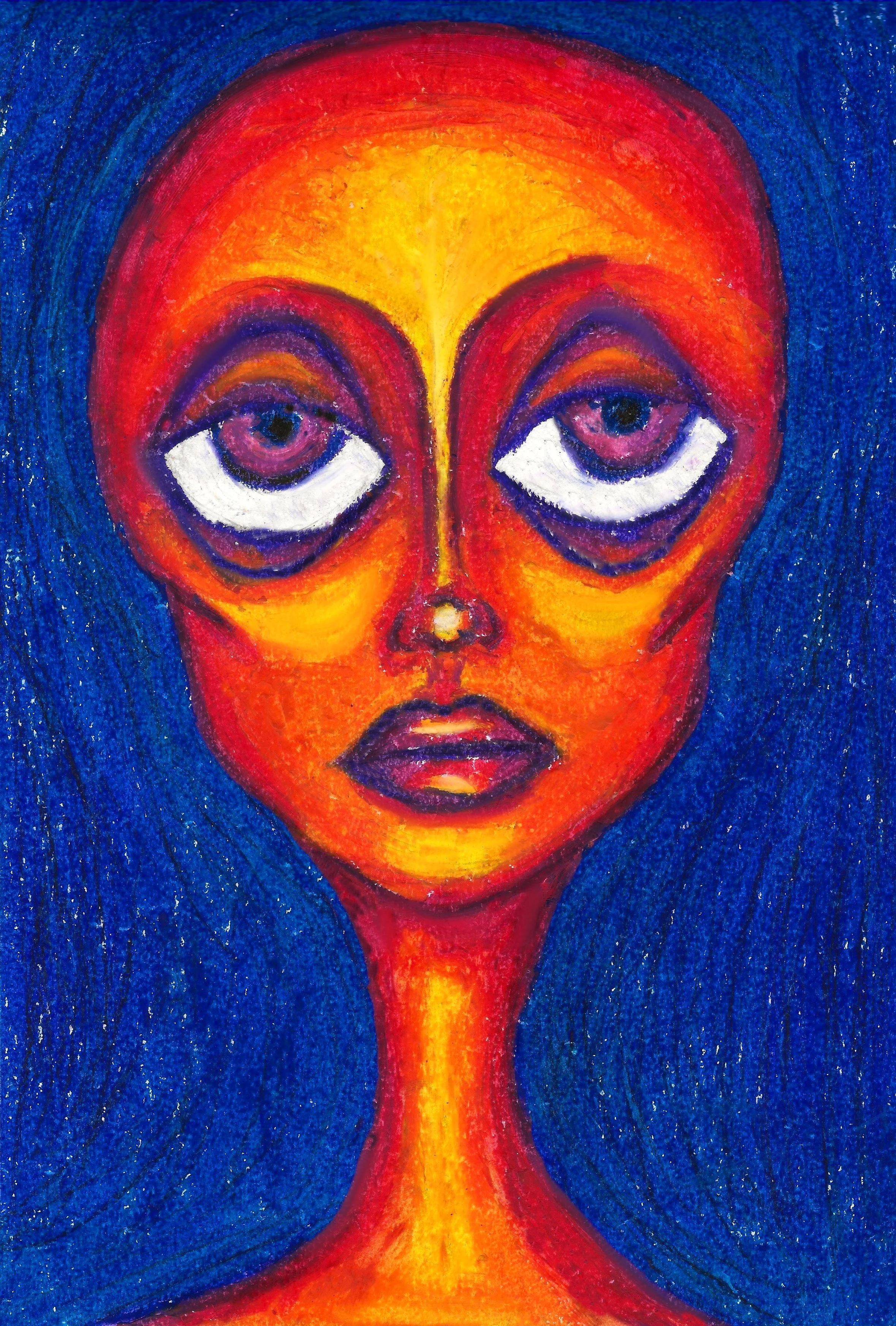 Pastel drawing of a red and orange alien-like face. Shadows on the face shift toward purple, while highlights glow vivid yellow. The background is filled with deep purple and blue pastel, creating strong contrast against the face.