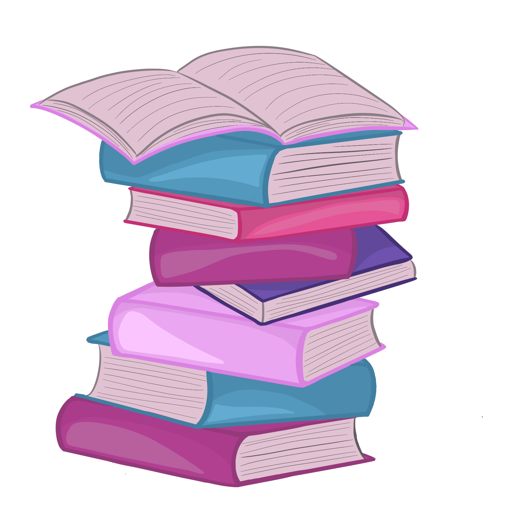 Decorative digital illustration of a stack of books.
