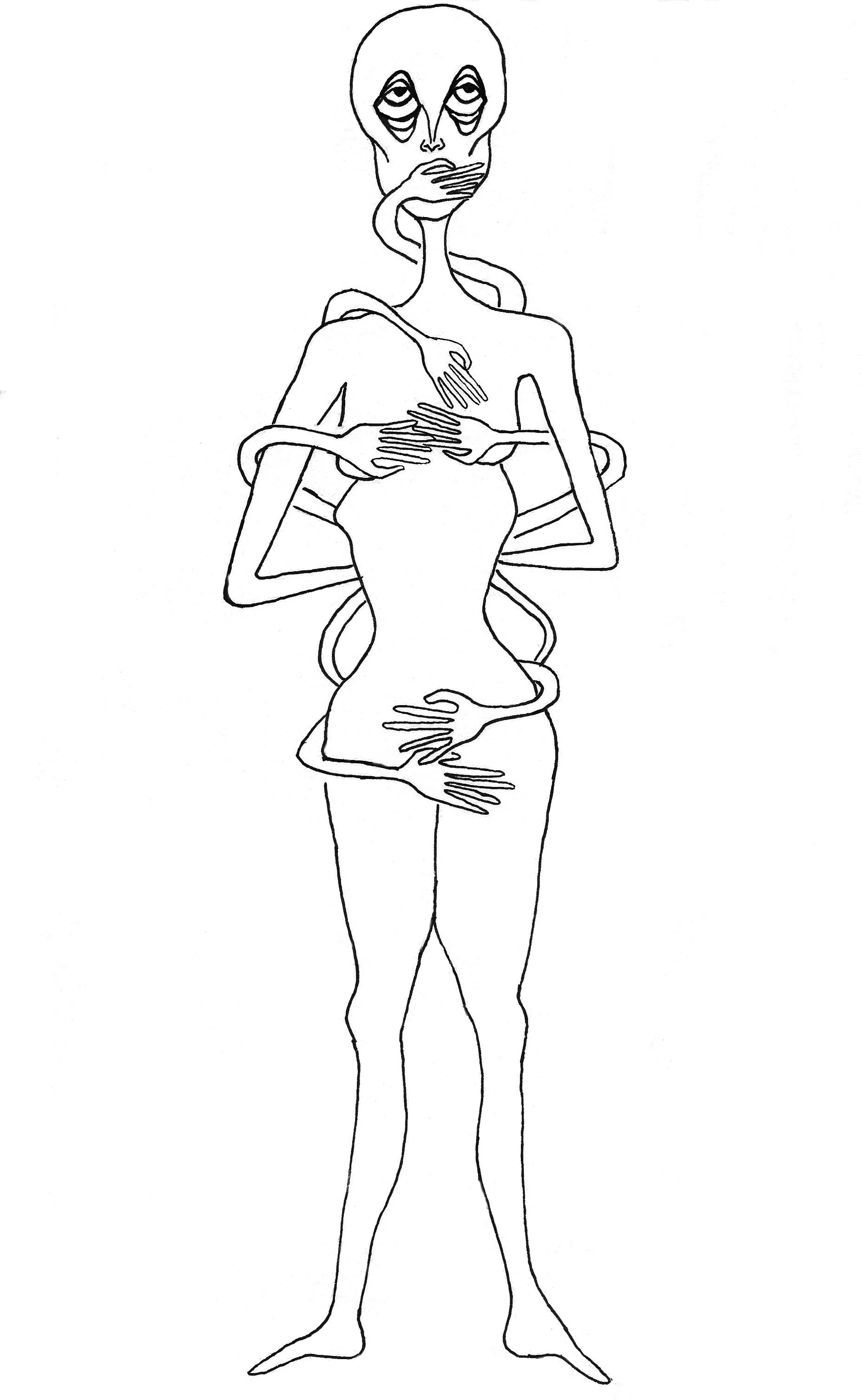 Line drawing of an alien-like figure standing in the center of the composition. Multiple pairs of hands wrap around the figure’s midsection, chest, and mouth, encircling the body.