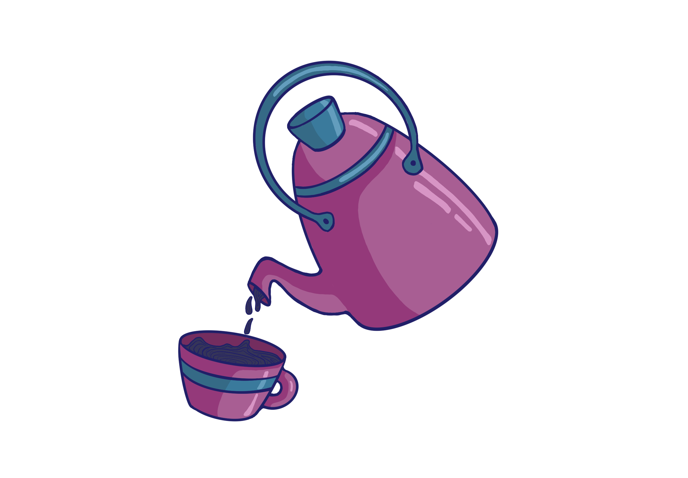 Decorative digital illustration of a pink teapot pouring tea into a matching teacup. 