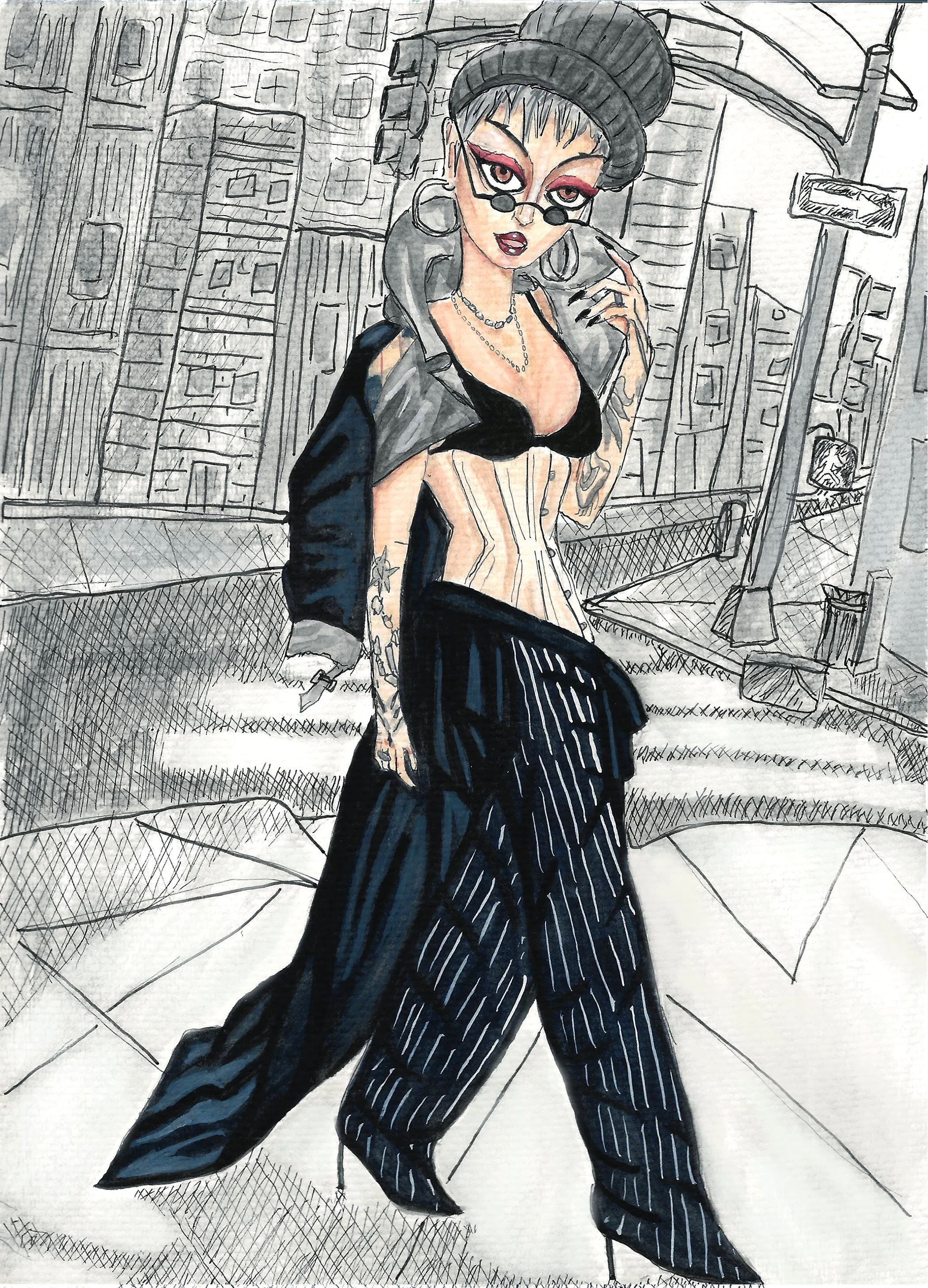 Mixed media portrait of Bosco, a drag performer, standing with one leg forward. She wears pinstripe trousers, stilettos, a cream corset, a black bra, and a long trench coat draped over her shoulders. She has a gray pixie cut, red eye makeup, tattoos 
