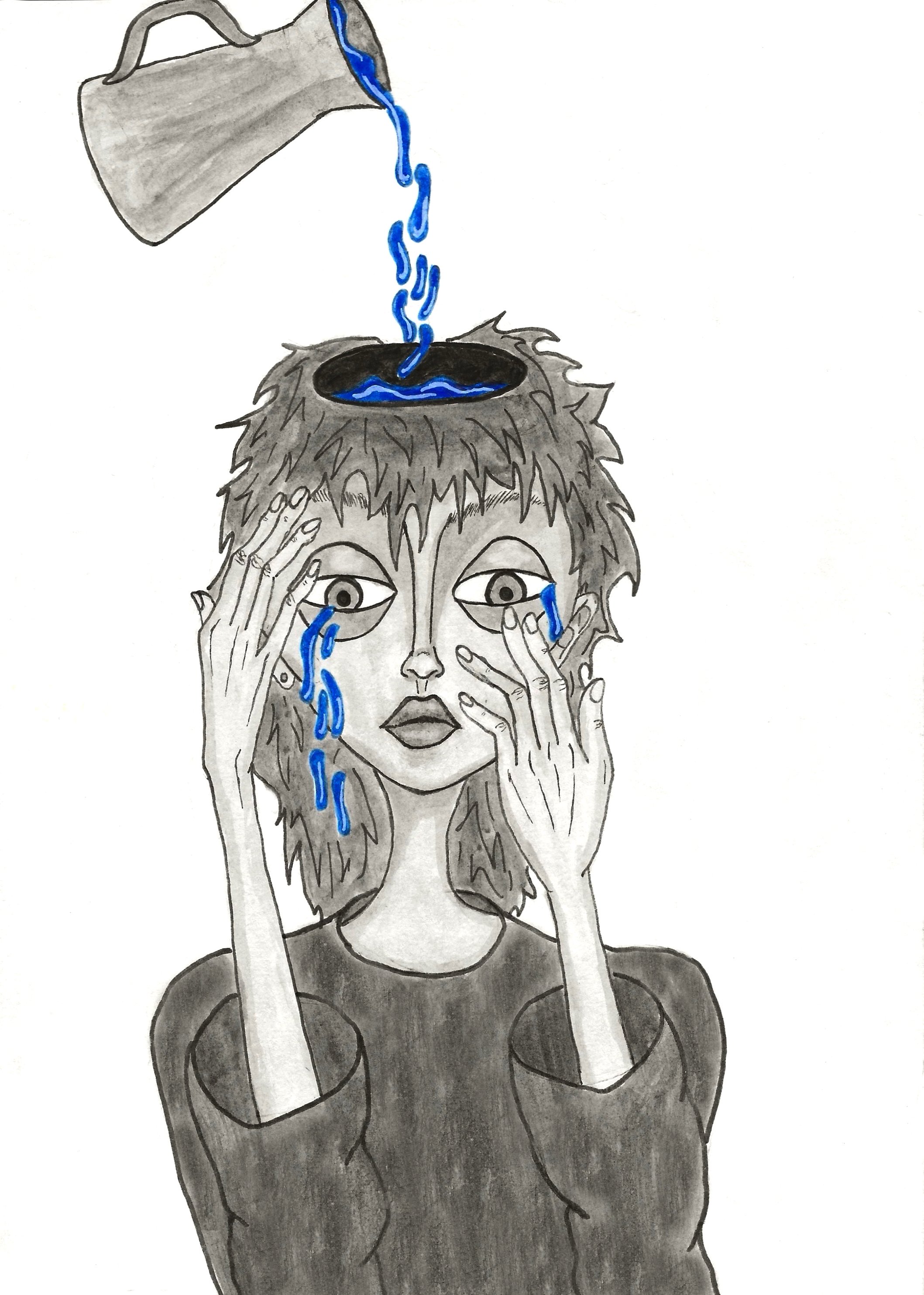 Mixed media drawing of a girl crying, rendered in grayscale. Her hands are raised to her face in distress. Above her, a grayscale pitcher pours water into an opening at the top of her head. The water and tears are painted bright blue, sharply contras