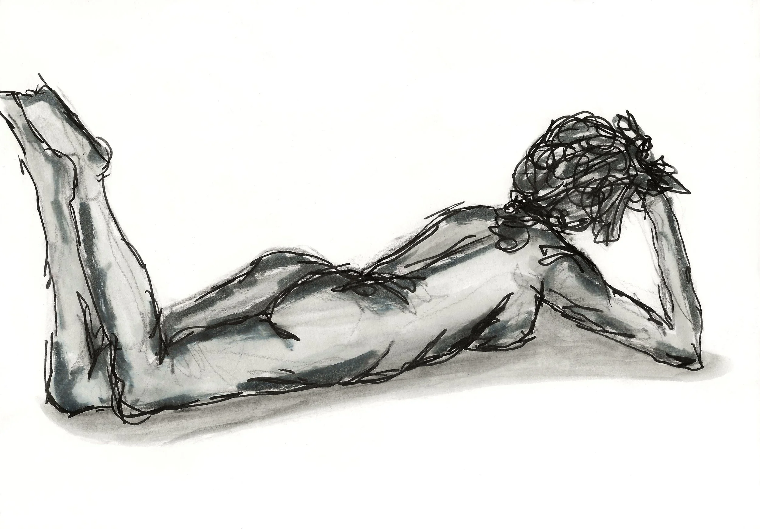 Watercolor drawing of a feminine figure lying on her stomach and facing away. Her feet extend out of frame as she rests her head on one hand. The body is rendered with loose strokes, and shadows and highlights are created through layered gray washes.