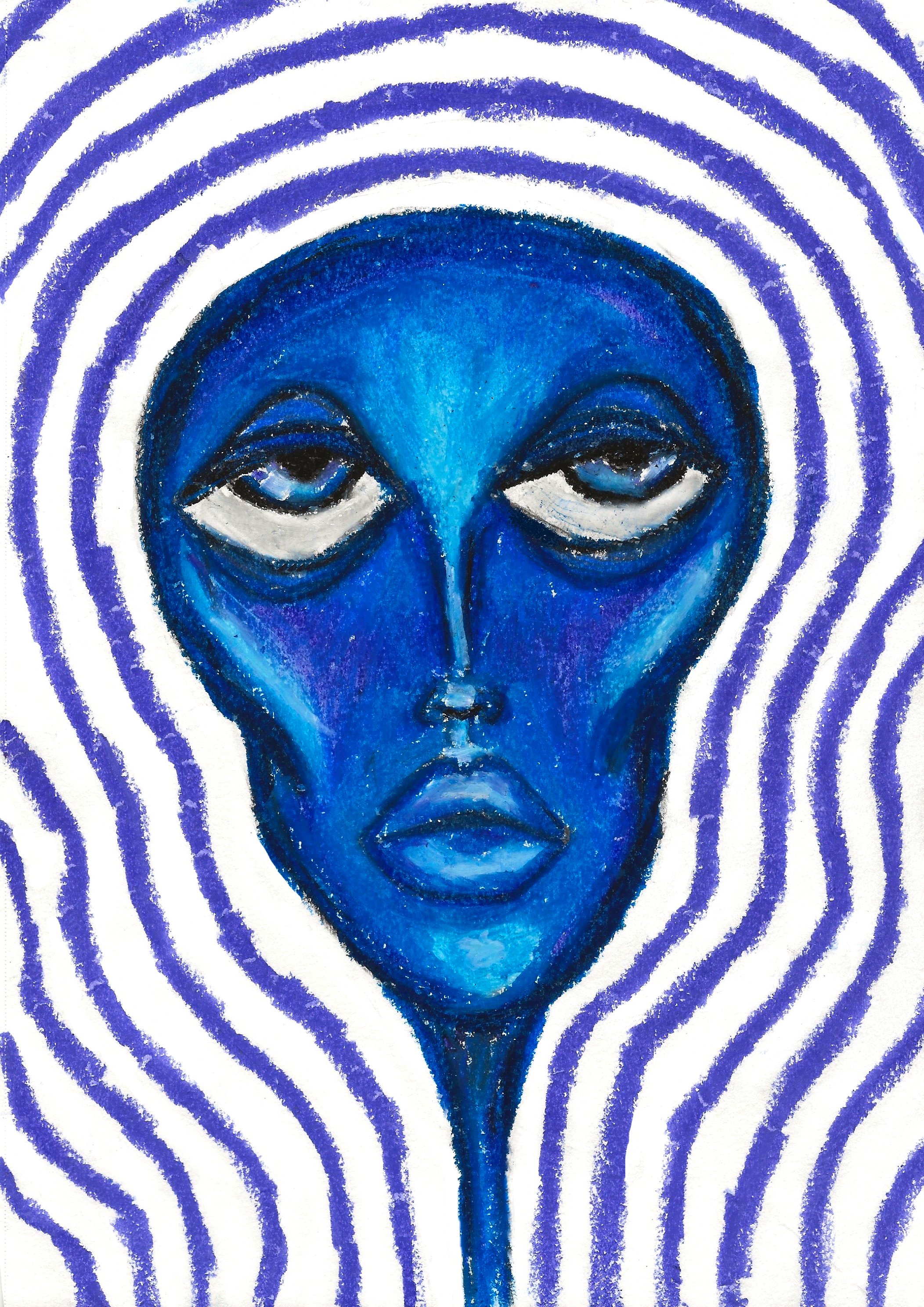 Pastel drawing of a blue, alien-like face centered on the page. Soft purple pastel lines radiate and swirl around the face in the background, framing it with gentle movement and contrast.