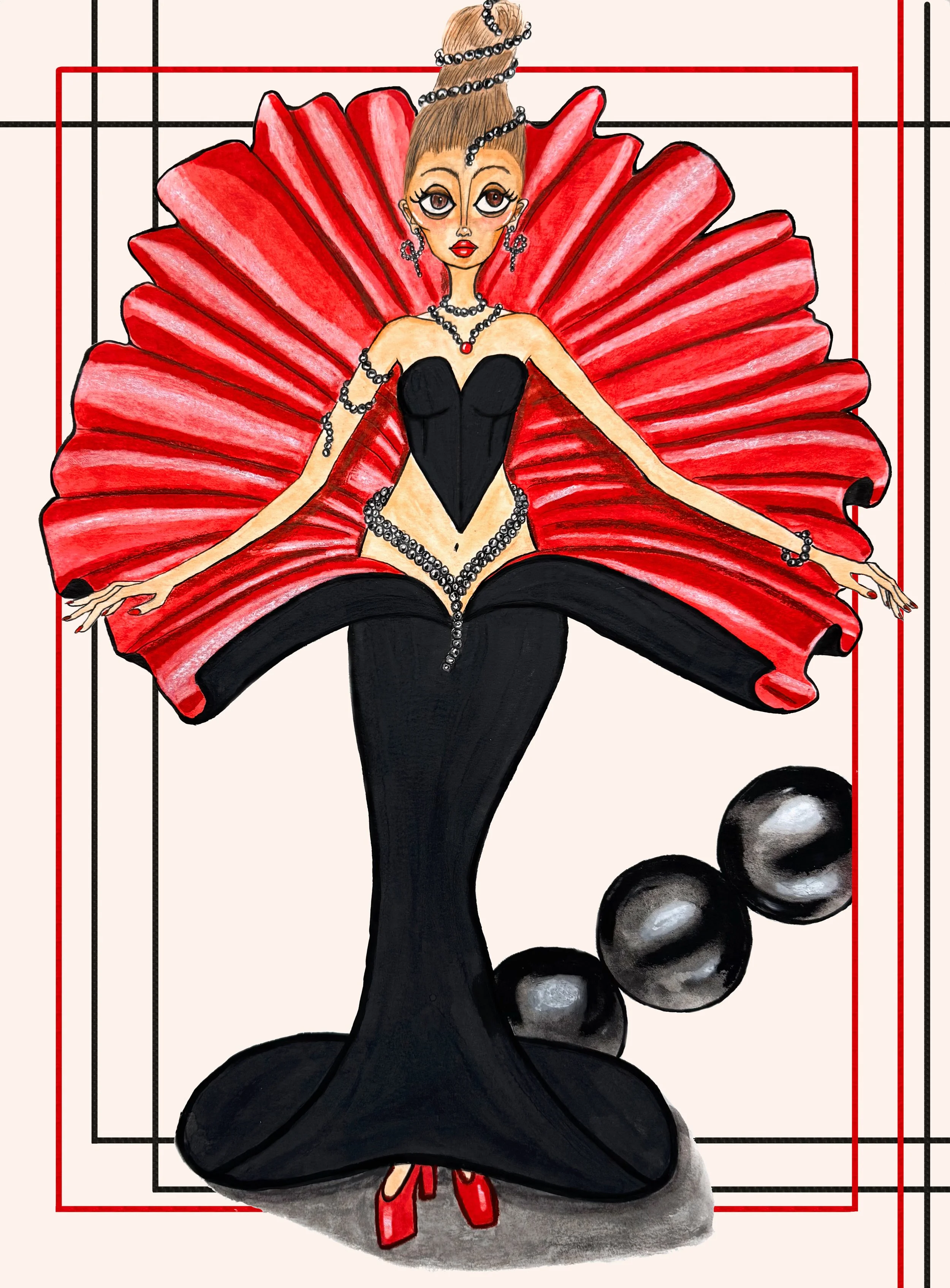Mixed media composition of a woman in a Birth-of-venus dress. The corset and bottom half are black while the fabric surrounding her bust is a deep red. Her hair is up in an updo that is embellished by black pearls. The same pearls adorn her neck, wri