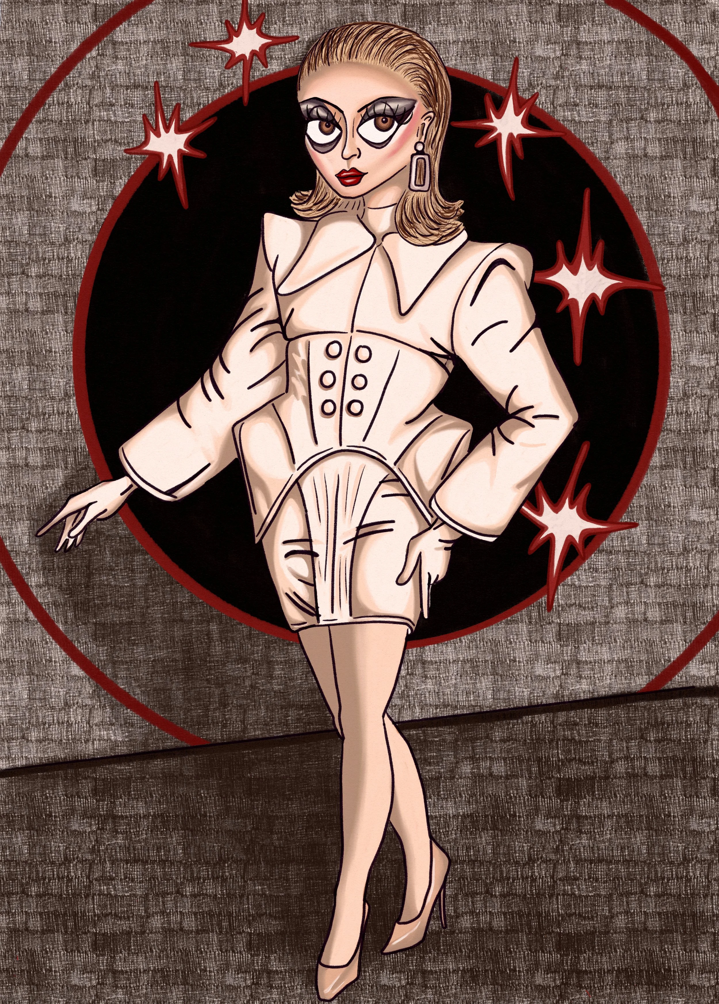 A digital illustration of drag artist Myki Meeks. She wears a beige skirt suit with exaggerated shoulders and hips, with matching gloves, tights, and shoes making the whole outfit monochrome. Her hair is a slicked-back blonde bob, and her makeup feat