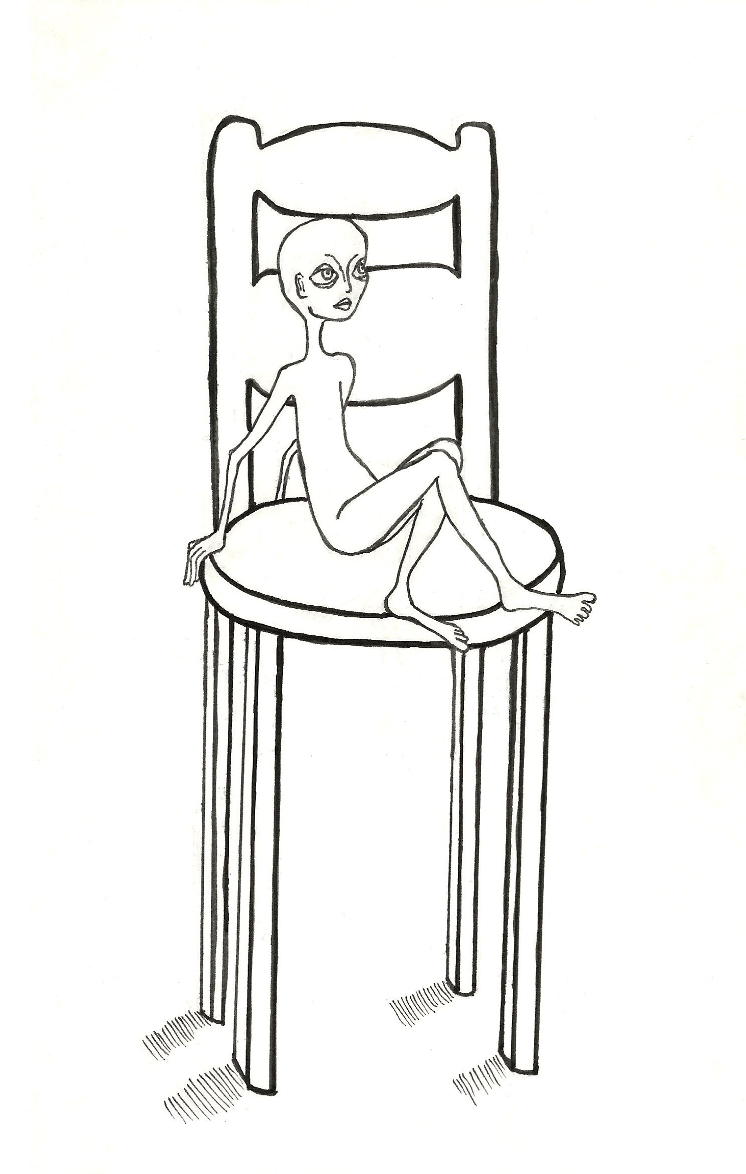Line drawing of an alien-like figure seated on a chair nearly three times their size. The figure grips the edge of the seat, crosses their legs, and stares outward, emphasizing scale and tension.