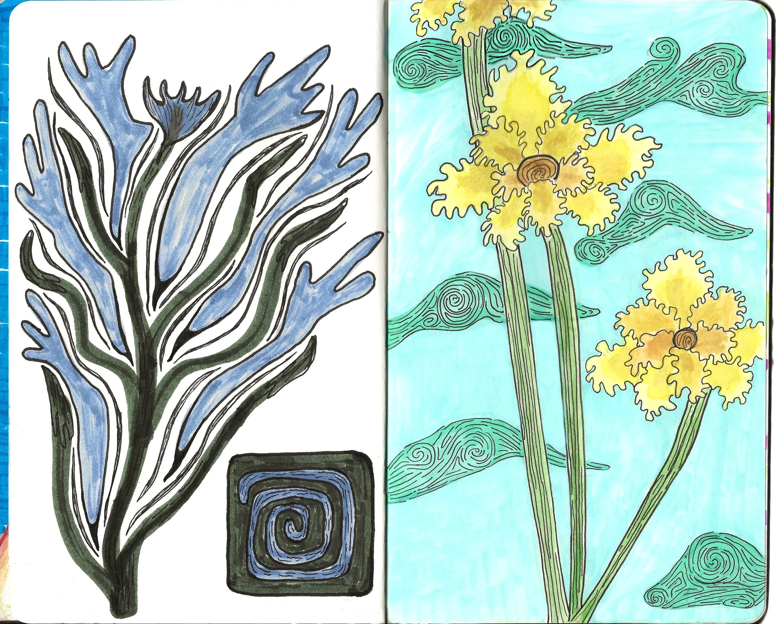 Mixed media sketchbook spread showing two floral compositions. On the left page, a green and lavender flower made of long, wiggling lines sits beside a square stamp with matching spiraled lines. On the right page, a bright yellow orchid-like flower i
