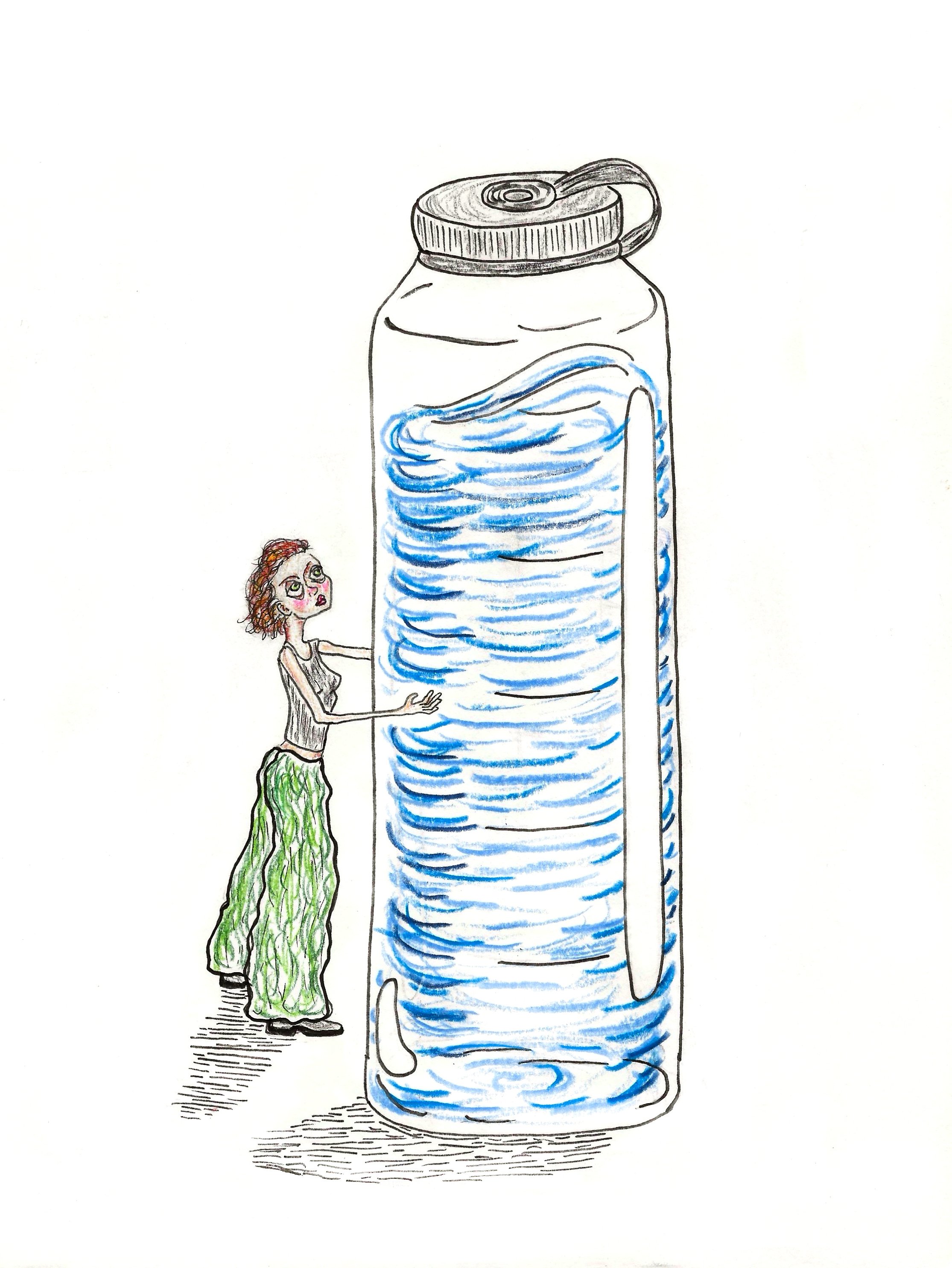 Marker and colored pencil drawing of a feminine-presenting person holding and looking up at a water bottle twice their size. They have short brown hair and wear green pants, a tank top, and boots. Blue pencil lines inside the bottle suggest swirling,