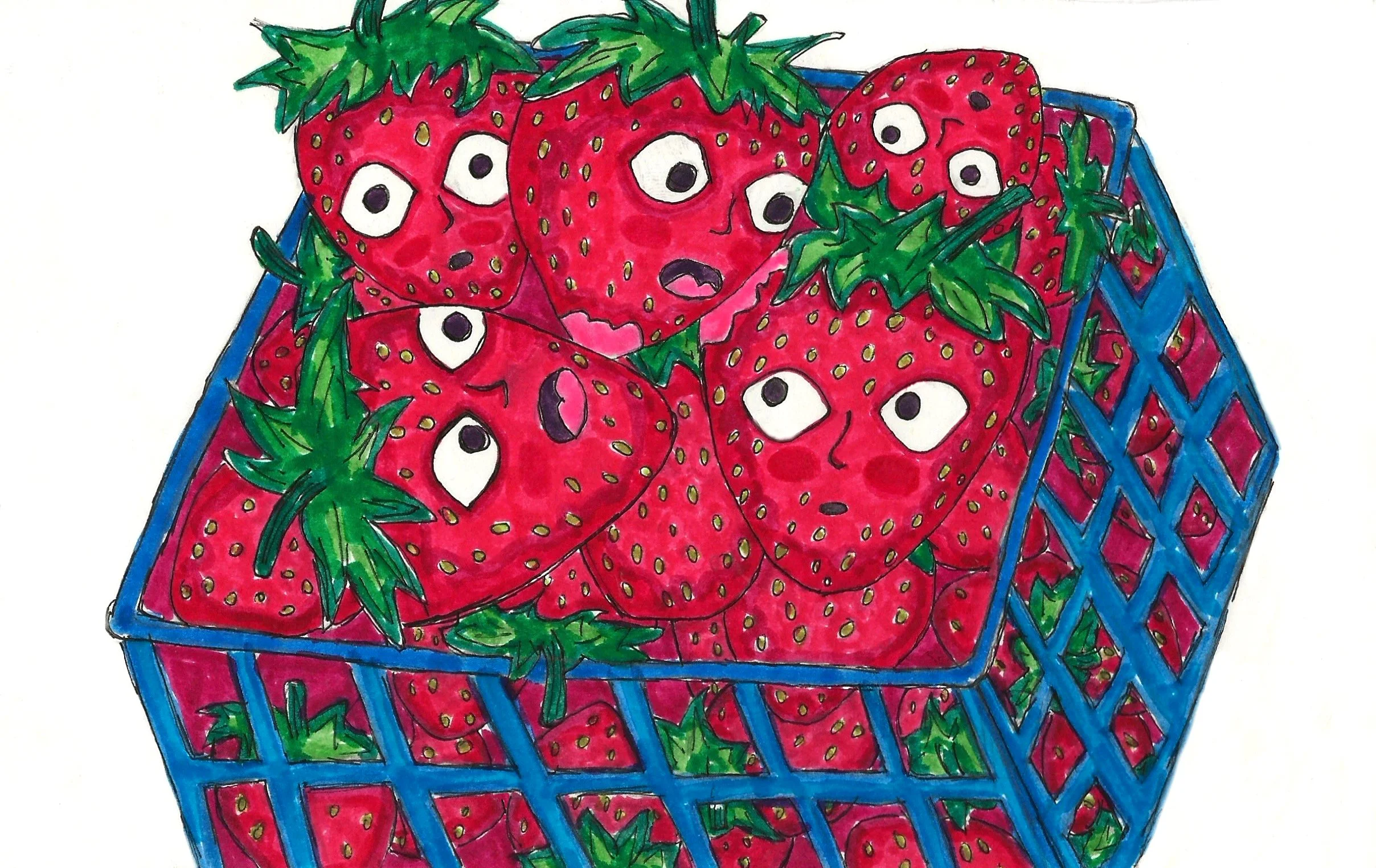 Marker drawing of strawberries piled inside a blue container. The strawberries at the top have large eyes. Two bite into other strawberries, while those being eaten appear alarmed, creating a playful but unsettling scene.