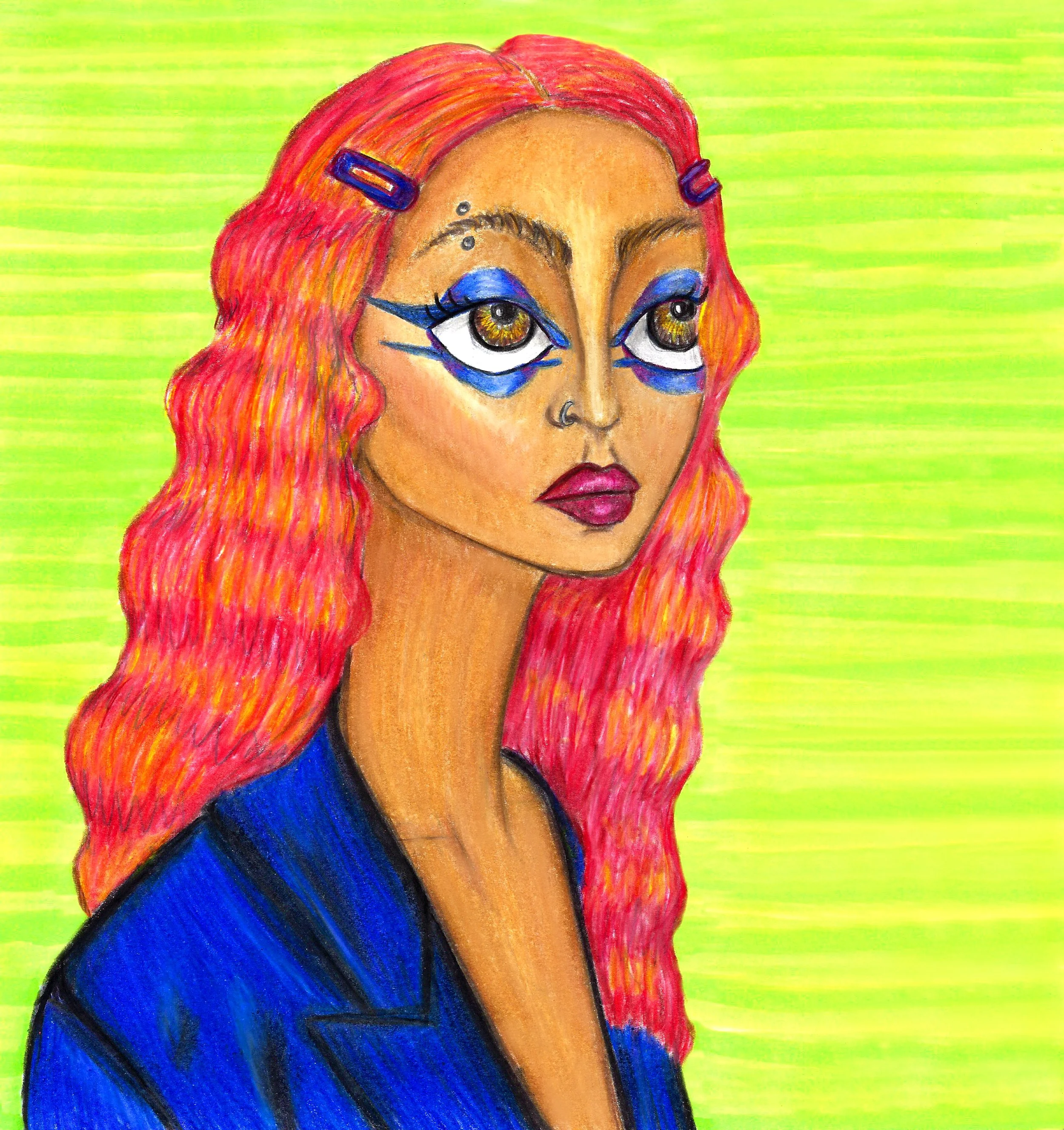 Colored pencil portrait of a woman’s bust in profile. She has caramel-colored skin, vivid blue eye makeup, a red lip, an eyebrow piercing, and striped red-and-orange hair pinned back with purple clips. She wears a bright blue blazer against a neon gr