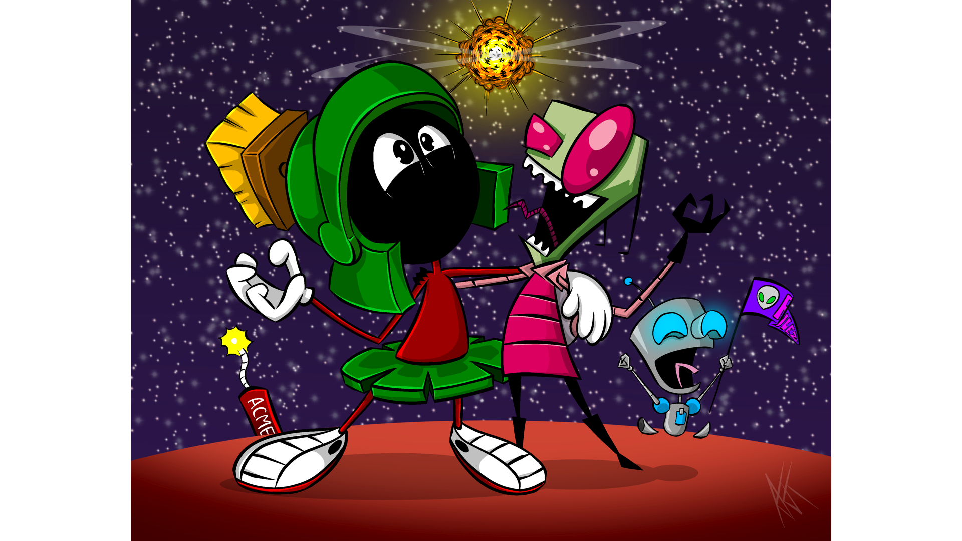 cartoon, fan art, pop culture, warner bros, invader Zim, Marvin the martian, ACME, Gir, animation, aliens,