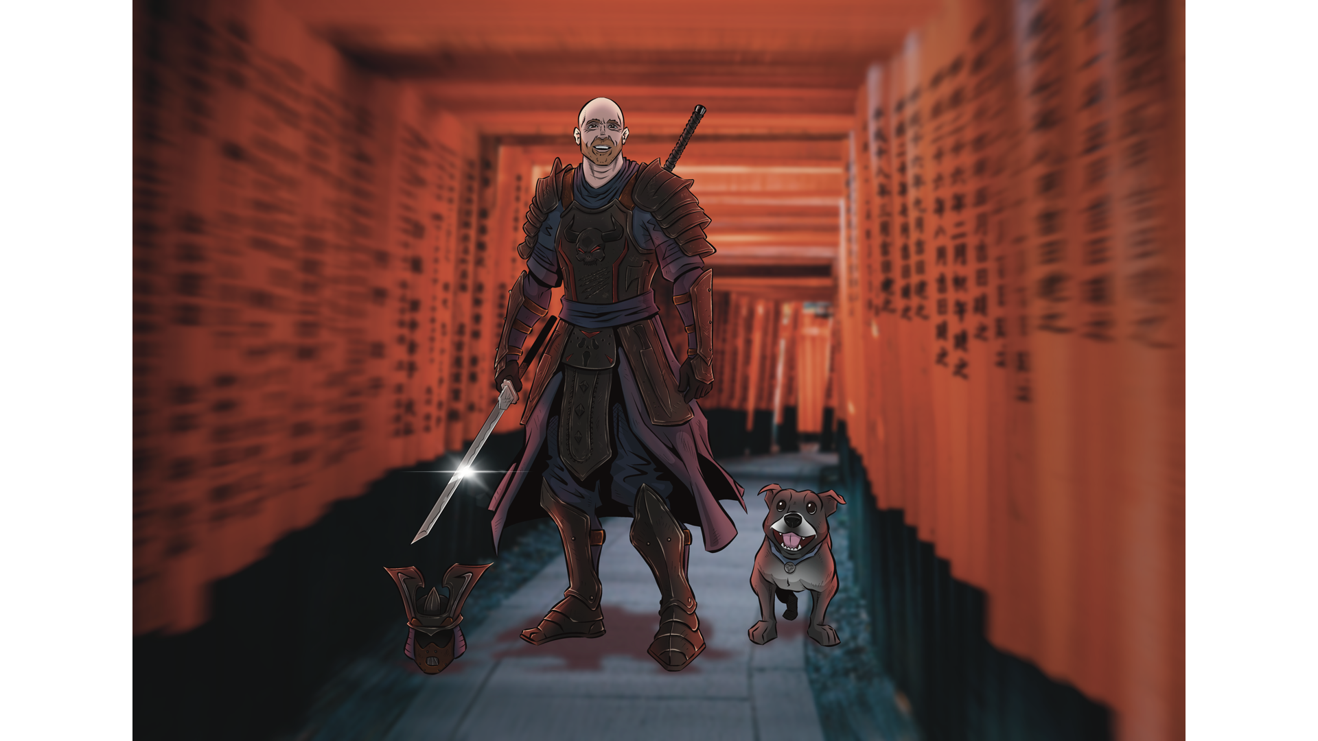 mixed media, poster, illustration, horror, pets, mask, character japan, samurai