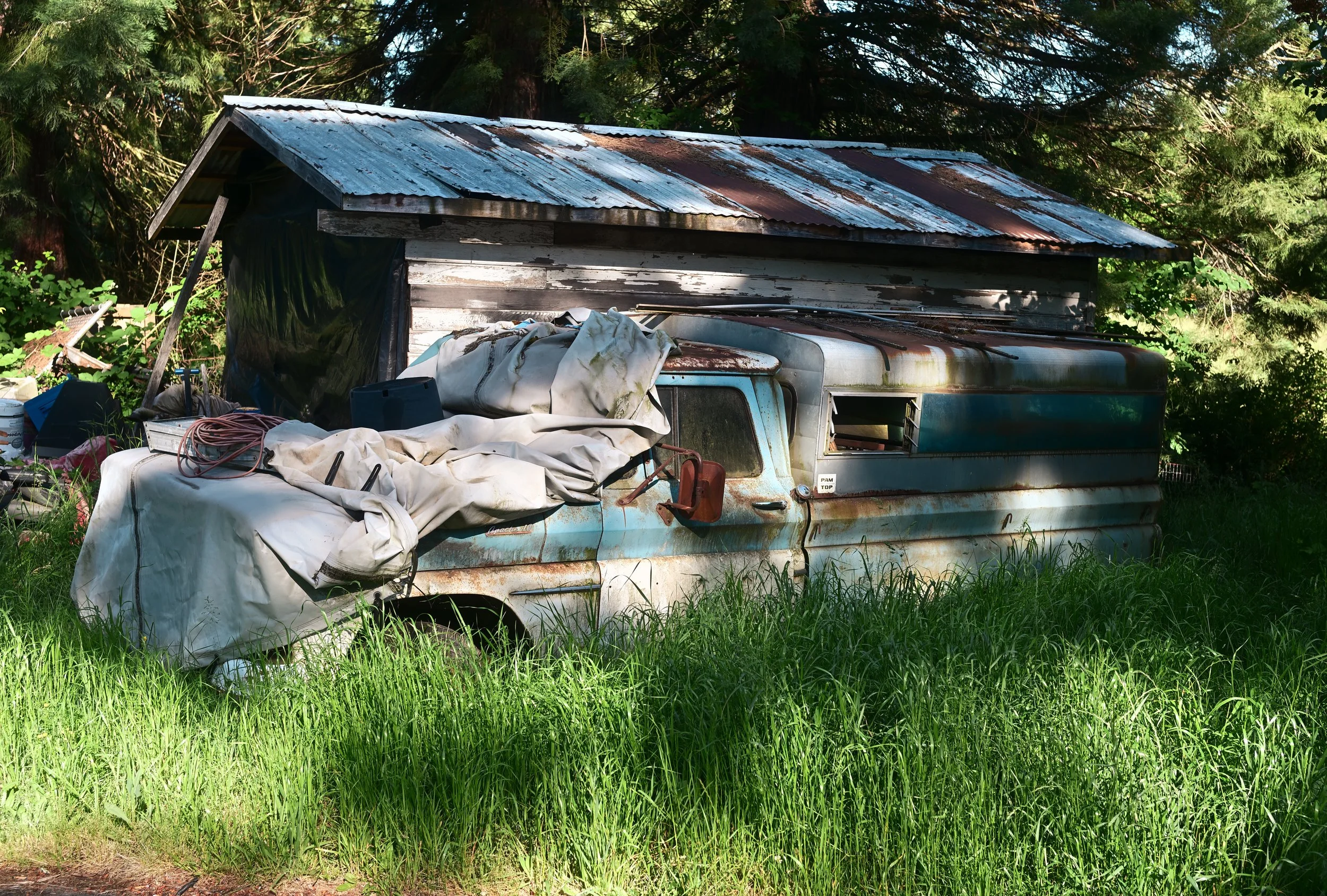 An old, rusted camper trailer parked on grass, with damaged siding and a weathered metal roof, surrounded by trees.