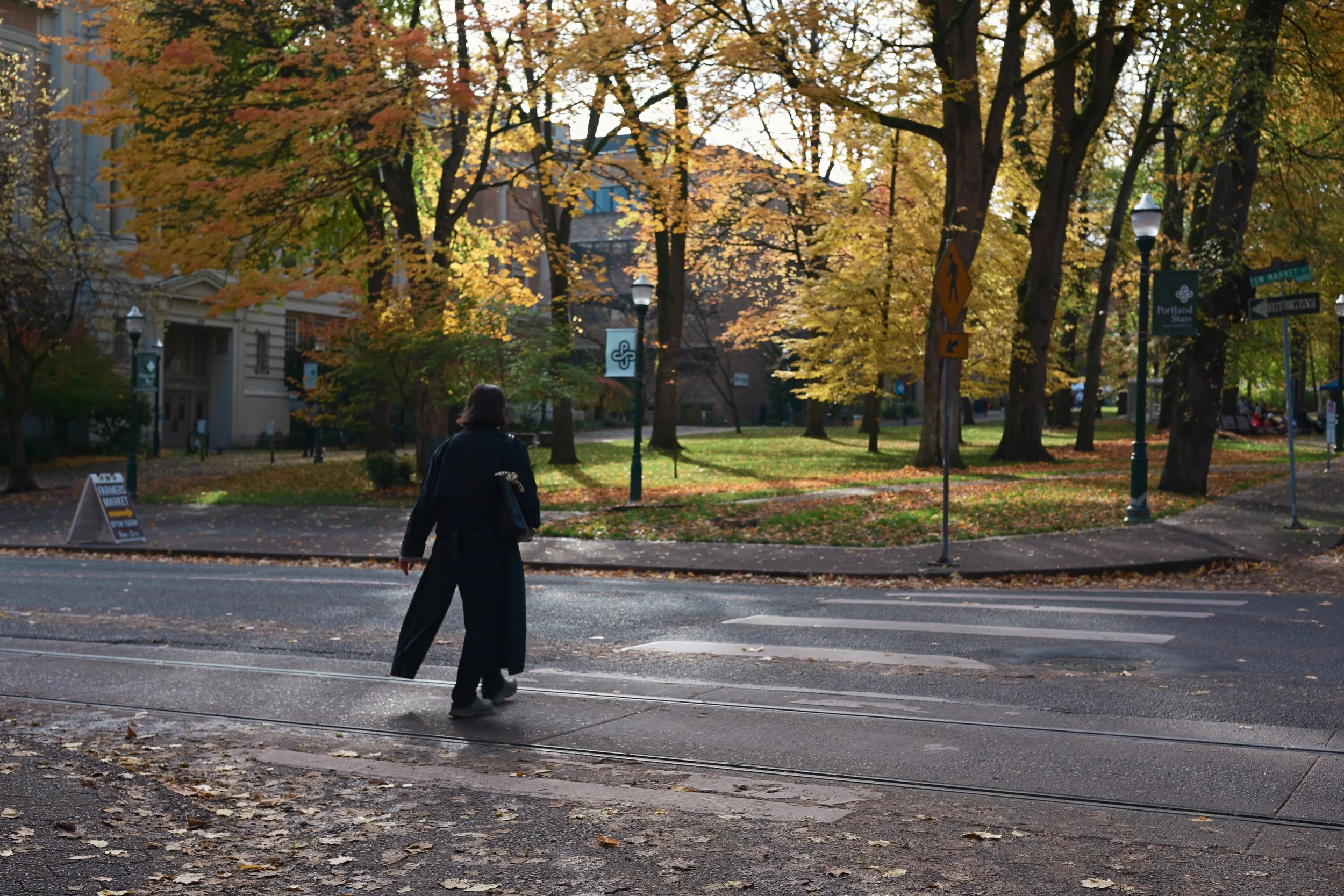 A person with shoulder-length dark hair walking on a crosswalk in a park-like area with trees showing fall foliage in yellow and orange. There are street lamps, signs, and fallen leaves on the ground.