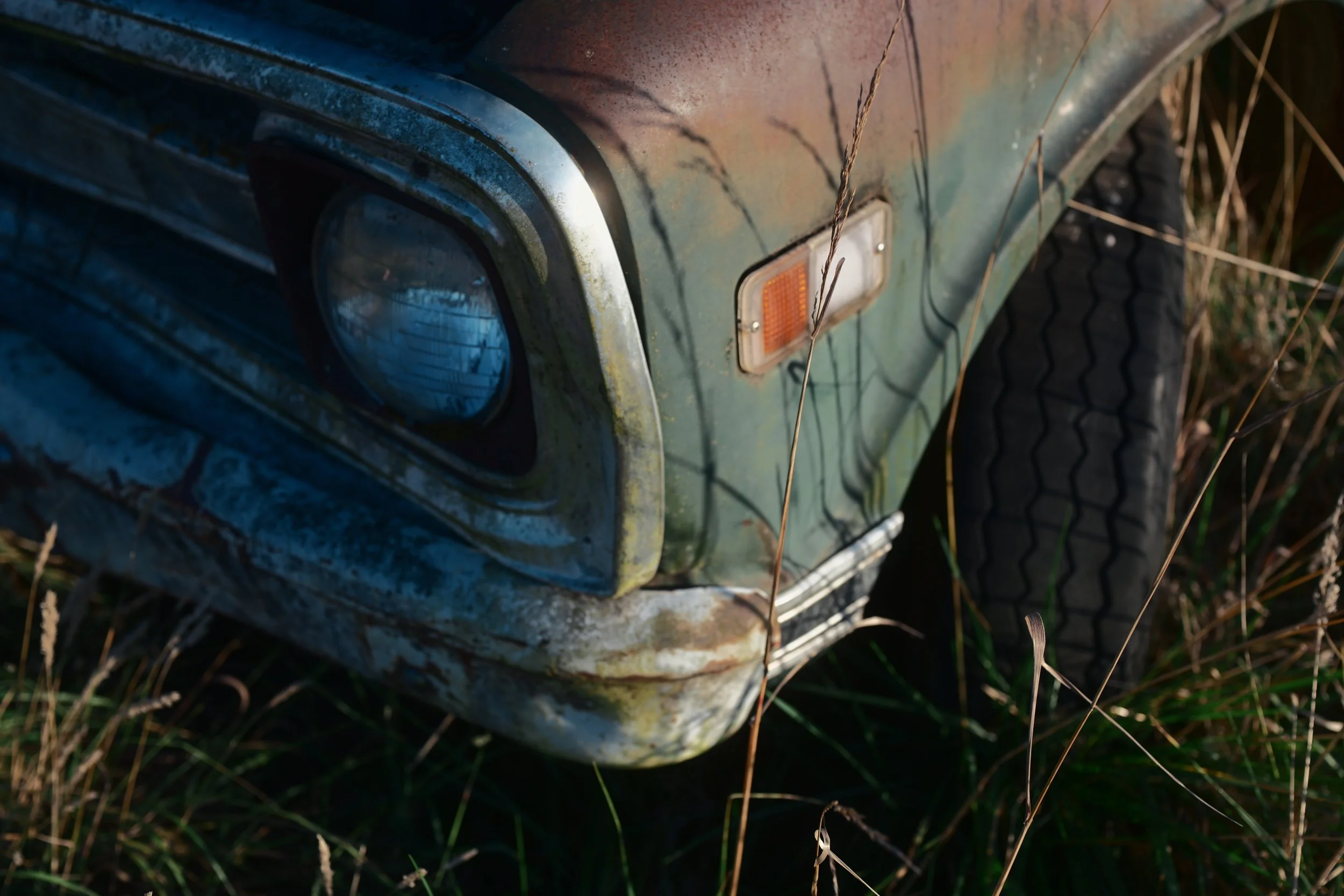 Old rusted green vehicle with a headlight and turn signal, surrounded by tall grass.