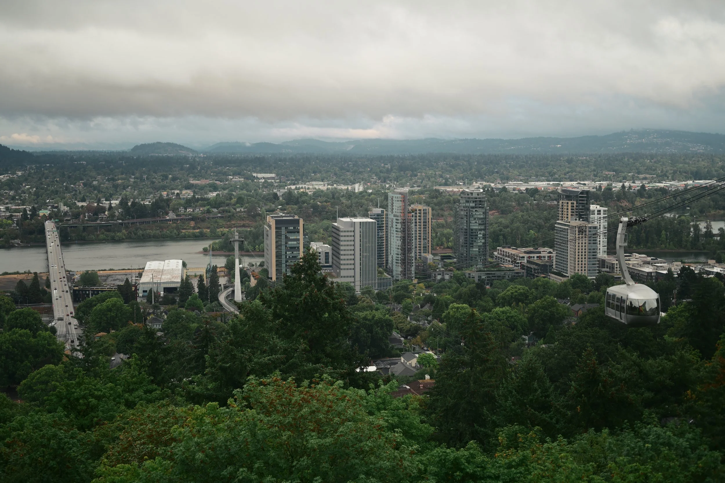 Cityscape with high-rise buildings, a river, a bridge, a cable car, and green trees under cloudy skies.