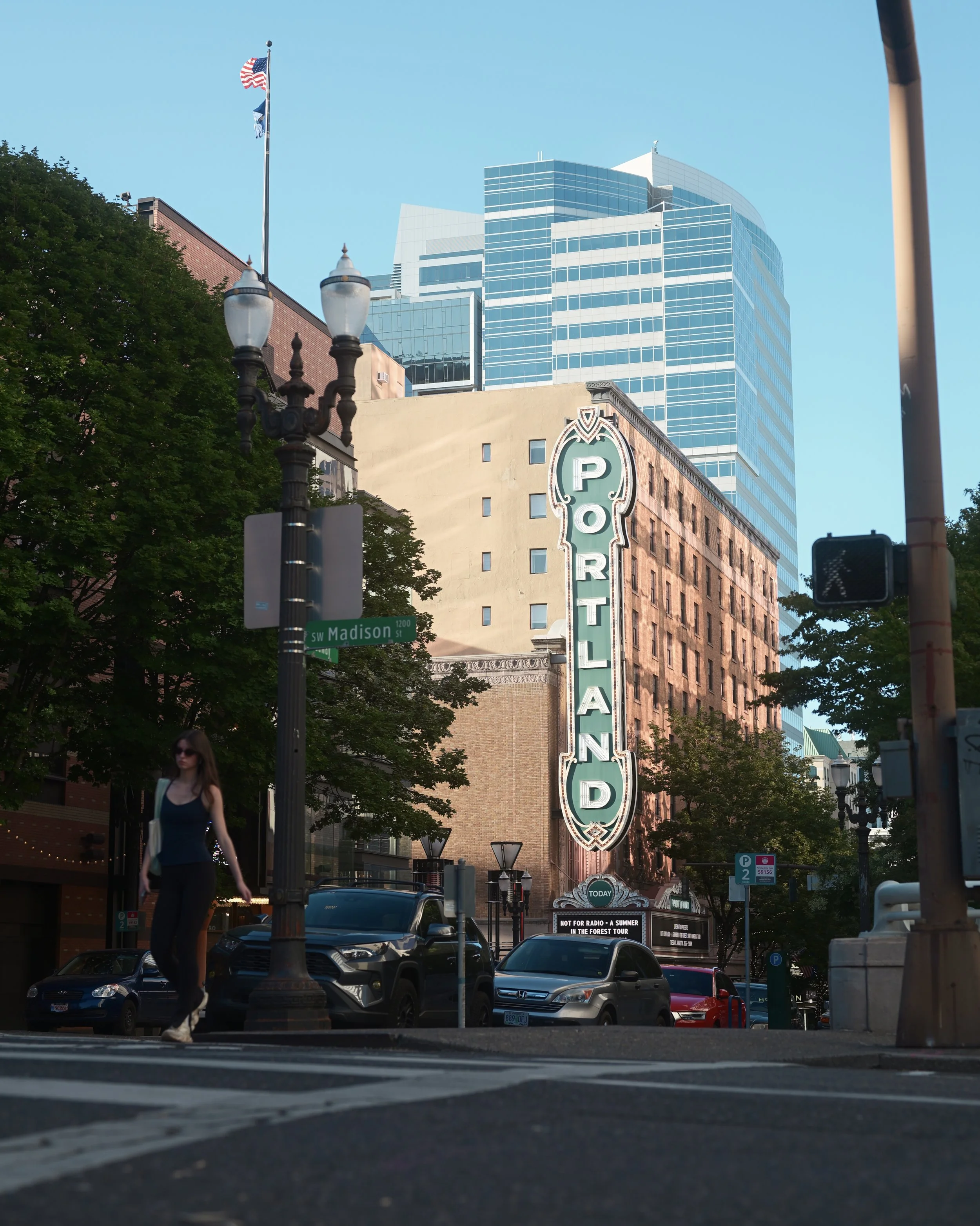 City street scene with parked cars, a woman walking, a lamppost, building facades, and a tall modern glass building in the background.
