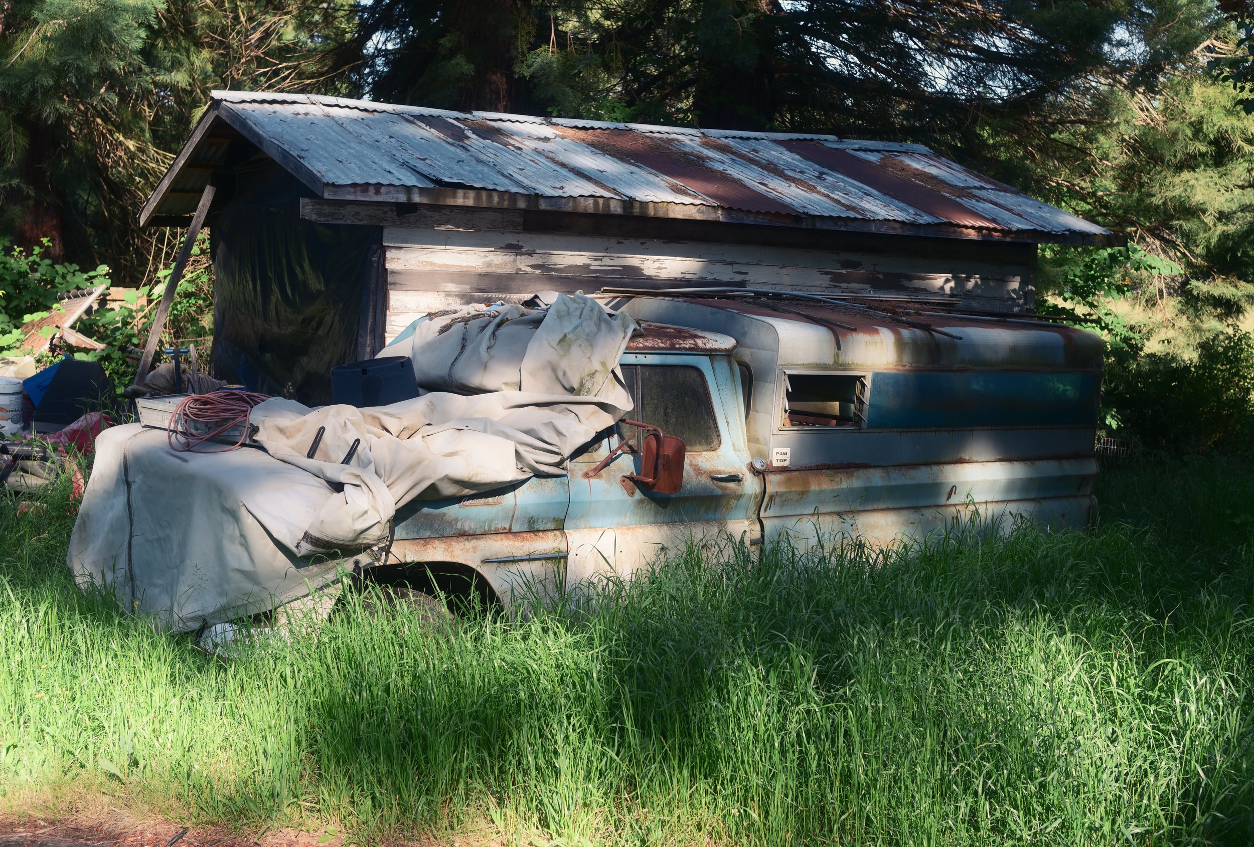 An old, rusty camper trailer parked in overgrown grass with a dilapidated wooden shed in the background.