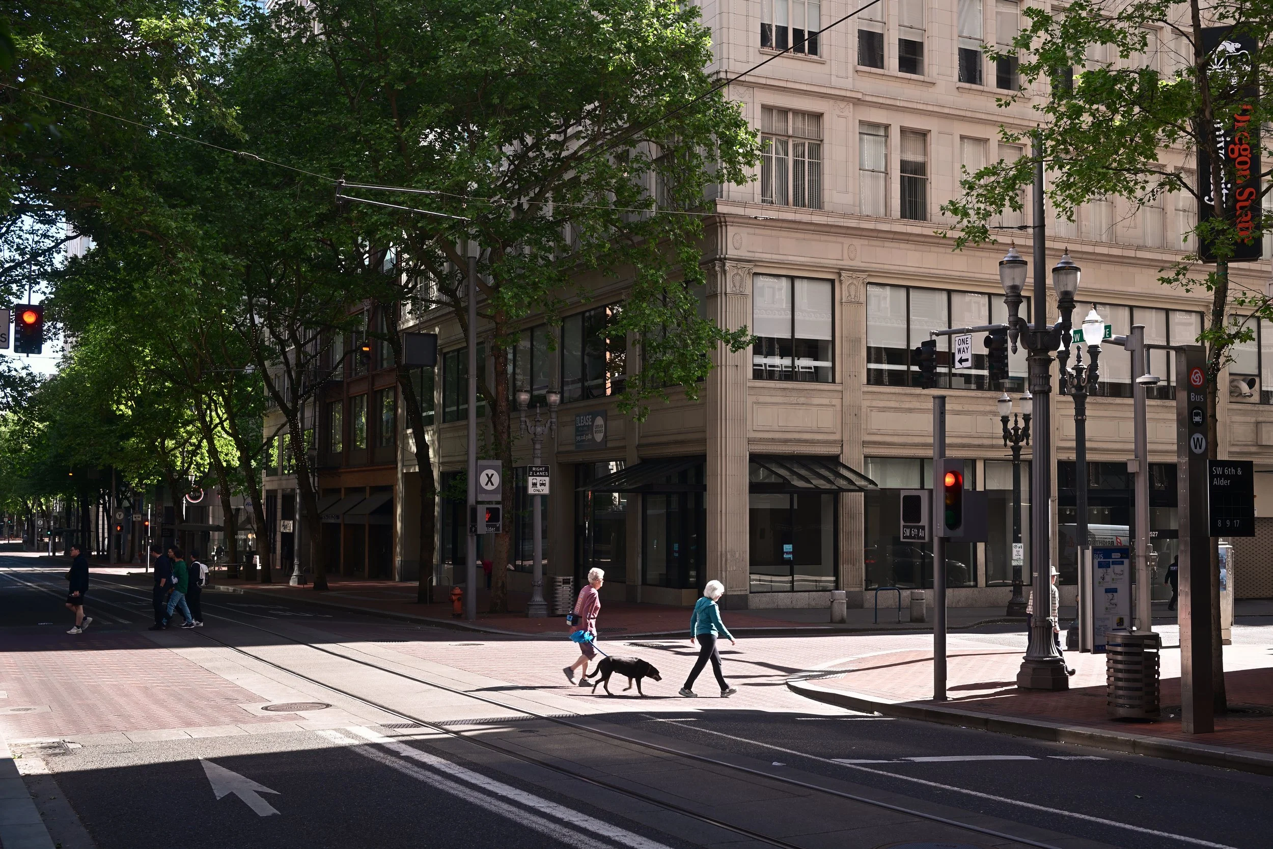 City street scene with pedestrians crossing at a marked crosswalk, a large beige building with multiple floors, trees lining the street, traffic signals showing red lights, and street signs indicating directions and bus stops.