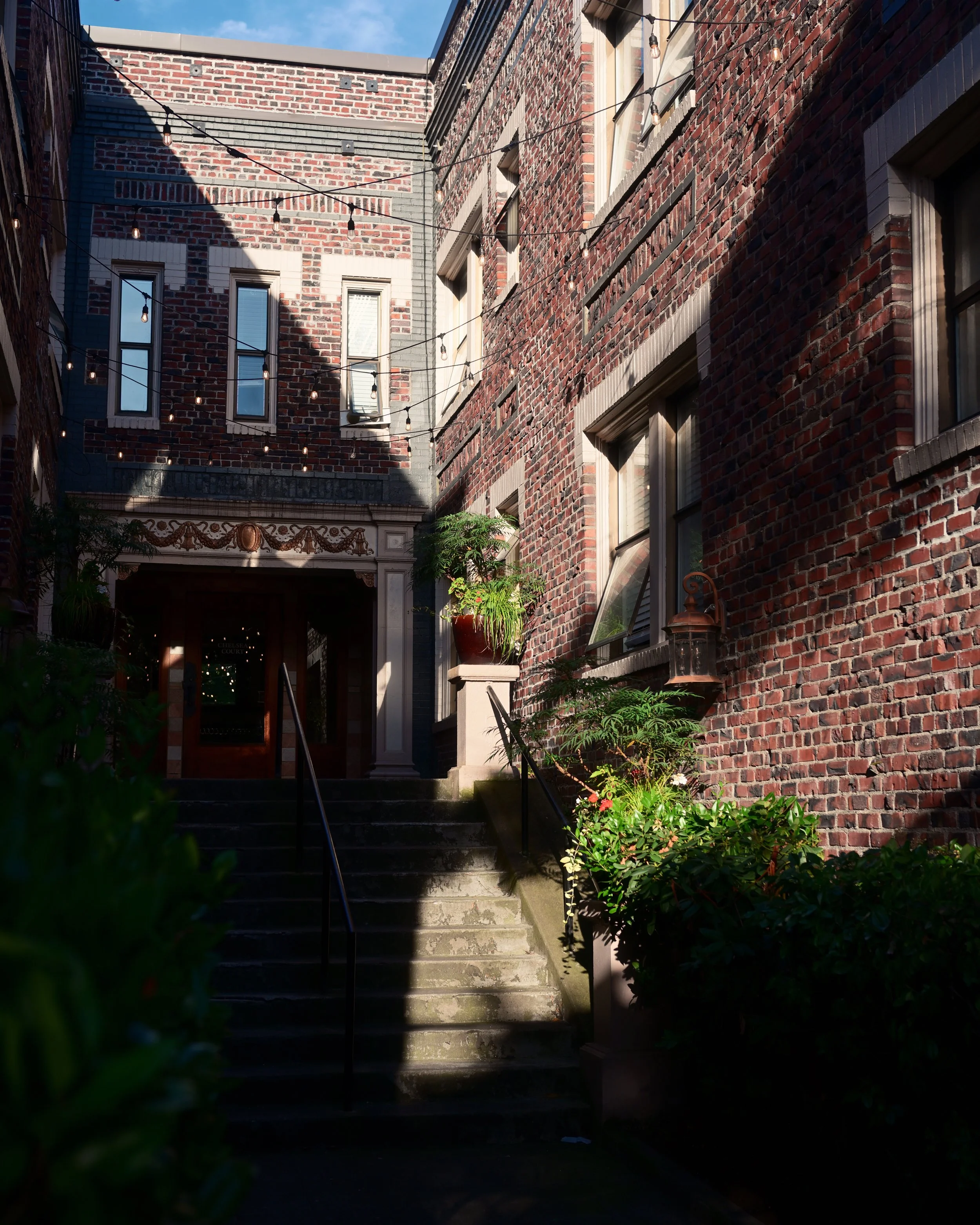 Brick building with stairs leading up to a door, lit by sunlight, decorated with plants and string lights.
