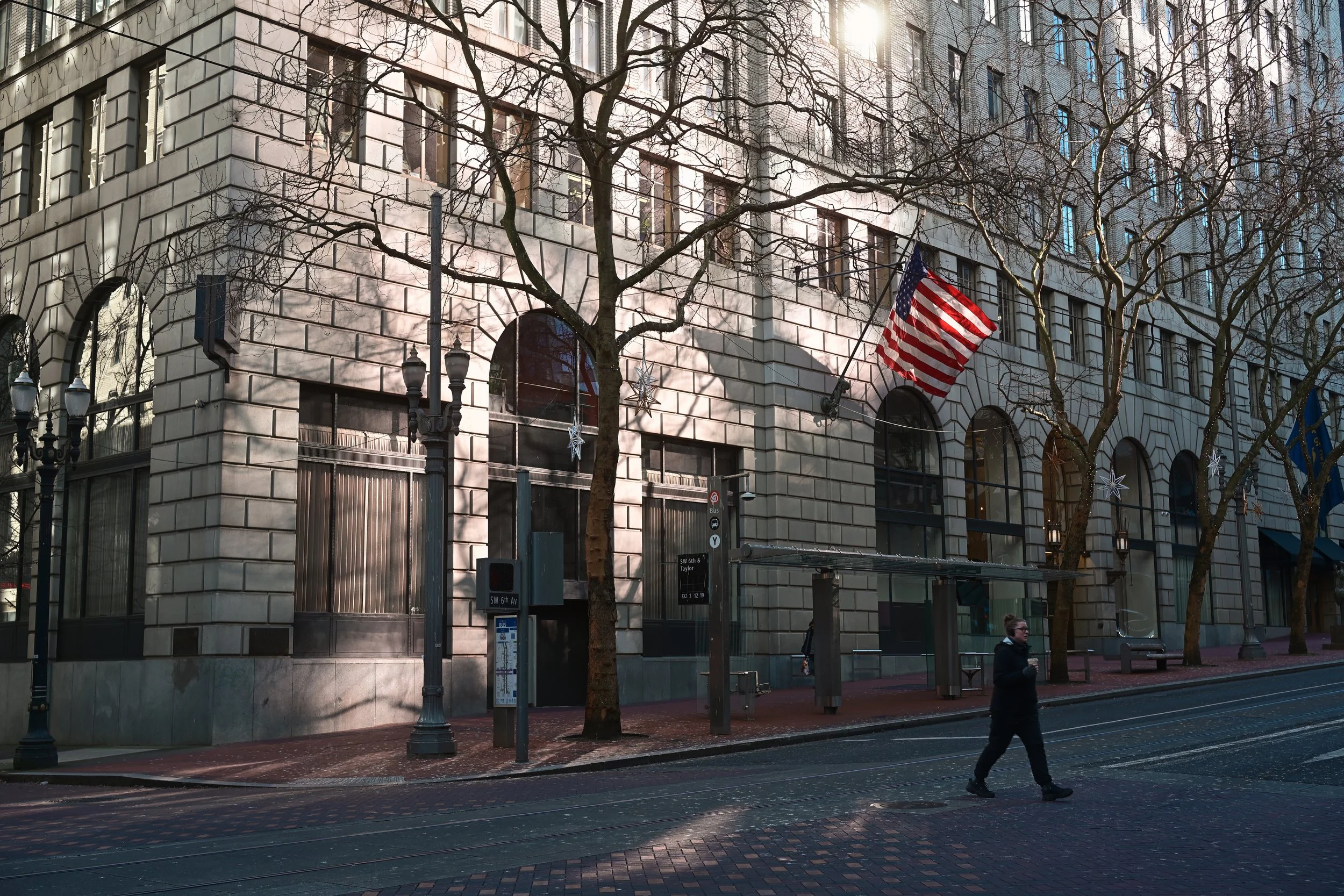 Street scene with a large building, leafless trees, American flag, and person walking by.
