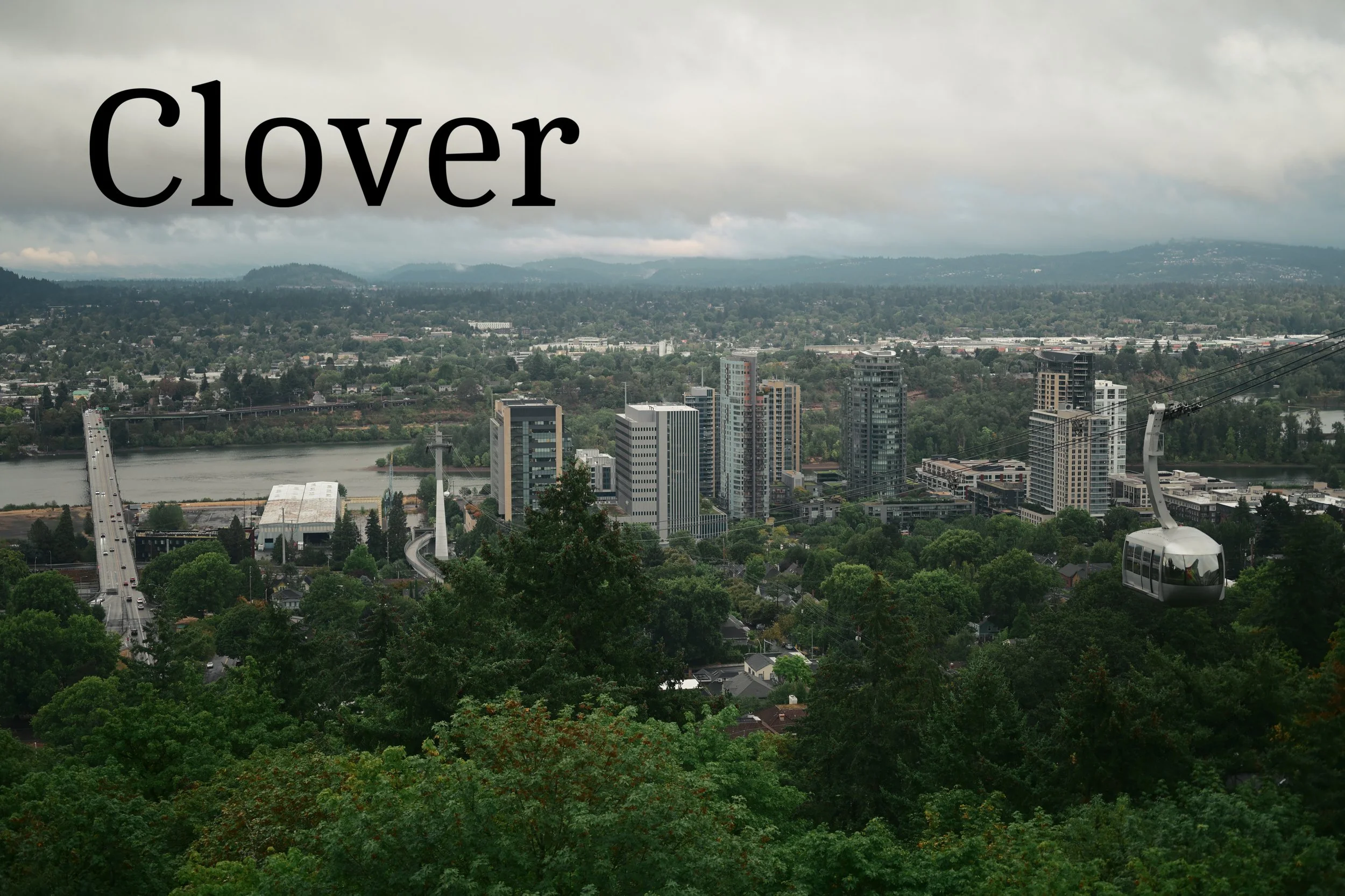 View of a city skyline with tall buildings, a bridge over a river, and a cable car in the foreground, surrounded by green trees under cloudy skies.