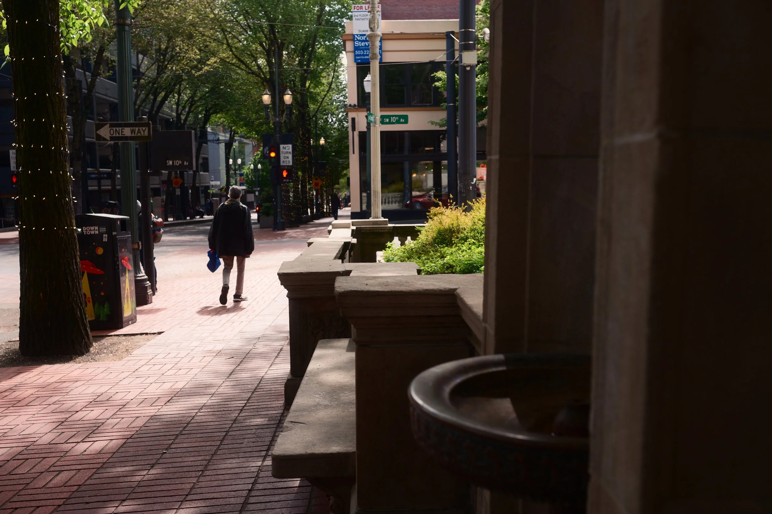 Street scene with a person walking along the sidewalk under trees, with street signs and traffic lights in the background.