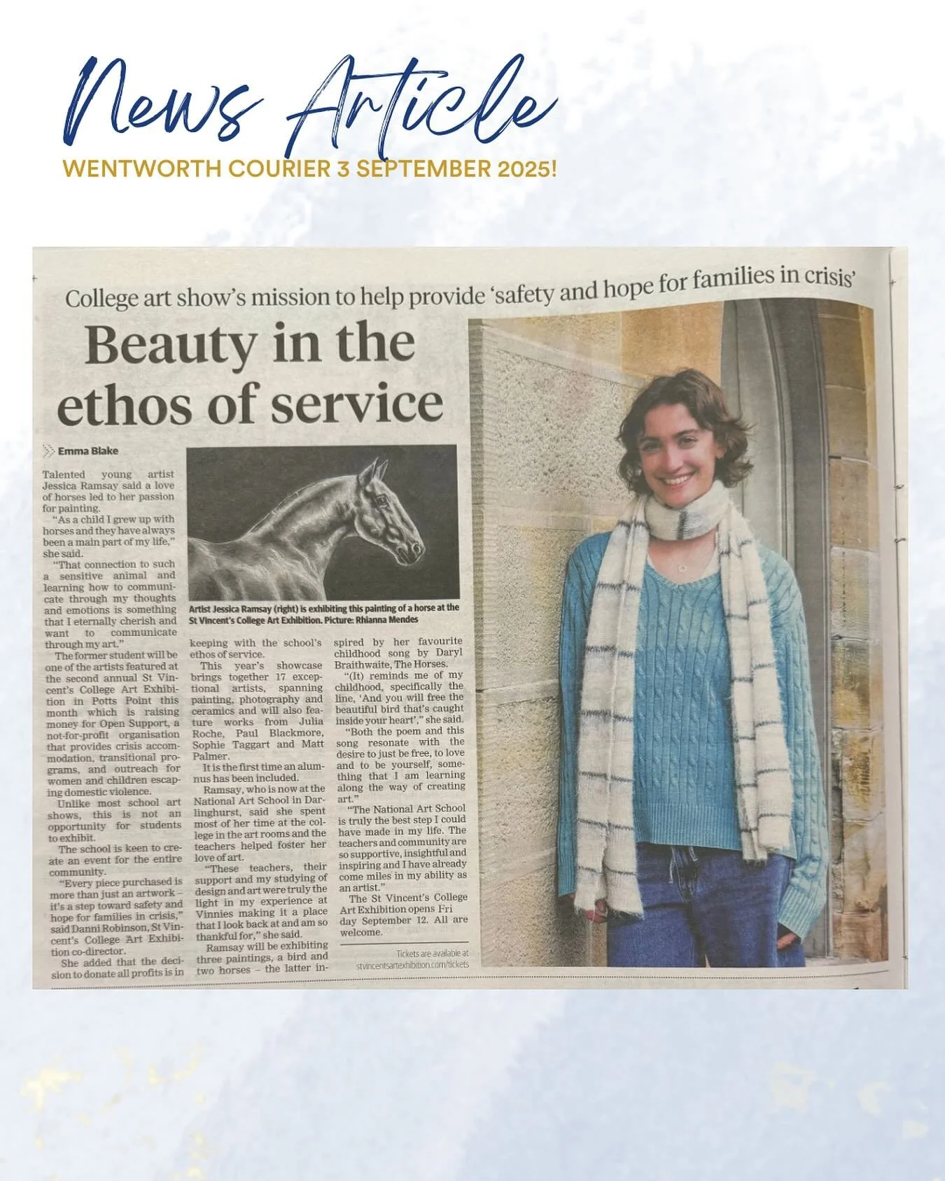 There&rsquo;s a great article in today&rsquo;s @wentworth_courier about our Art Exhibition featuring one the many talented artists exhibiting this year, Jessica Ramsay @jessica_____ramsay 🖼️ 📰 

Written by Emma Blake

Click the &ldquo;Press&rdquo; 