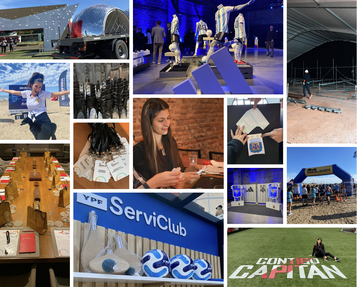 Collage de diversas escenas, entre las que se incluyen eventos deportivos, una exposición en un museo con maniquíes vestidos con ropa deportiva, una obra en construcción, una mujer sentada a una mesa con etiquetas de eventos, un grupo de personas en