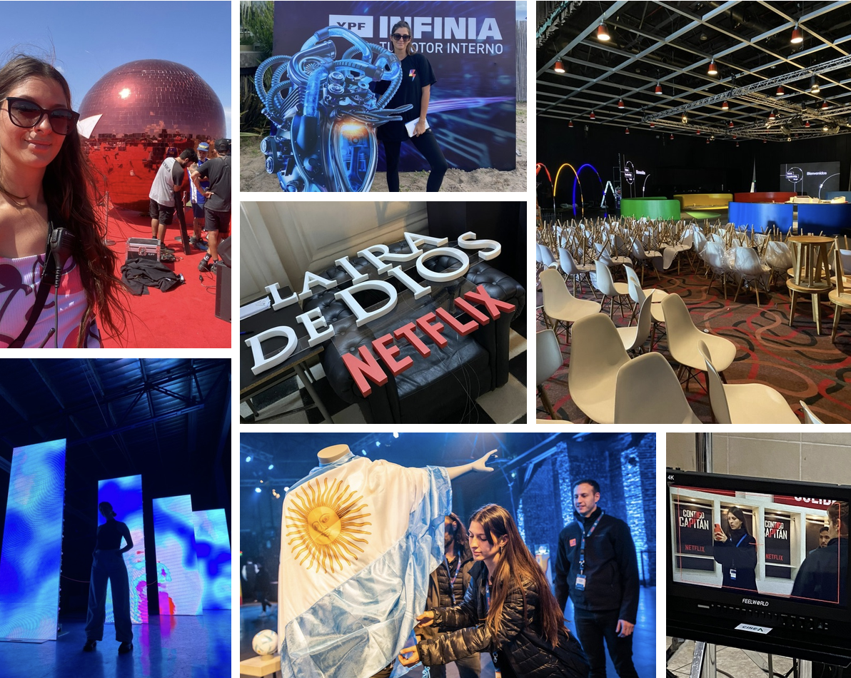 Un collage de imágenes de una conferencia o un evento, en el que aparecen: una mujer en la Expo con una esfera reflectante; una mujer en una exposición tecnológica en la que se muestra un motor con todo detalle; una sala de conferencias con asientos