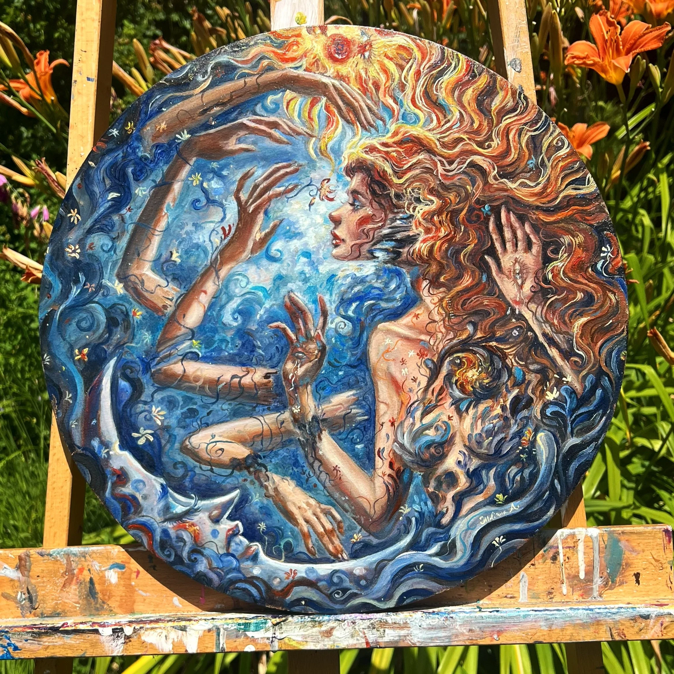 Strange kindness - Available for 750€ + Shipping / 39,5cm Radius
This painting is about a soul that is torn and starts to find balance within itself, it's about the internal changes and fragmentation.
It is a one of a kind original oil painting.