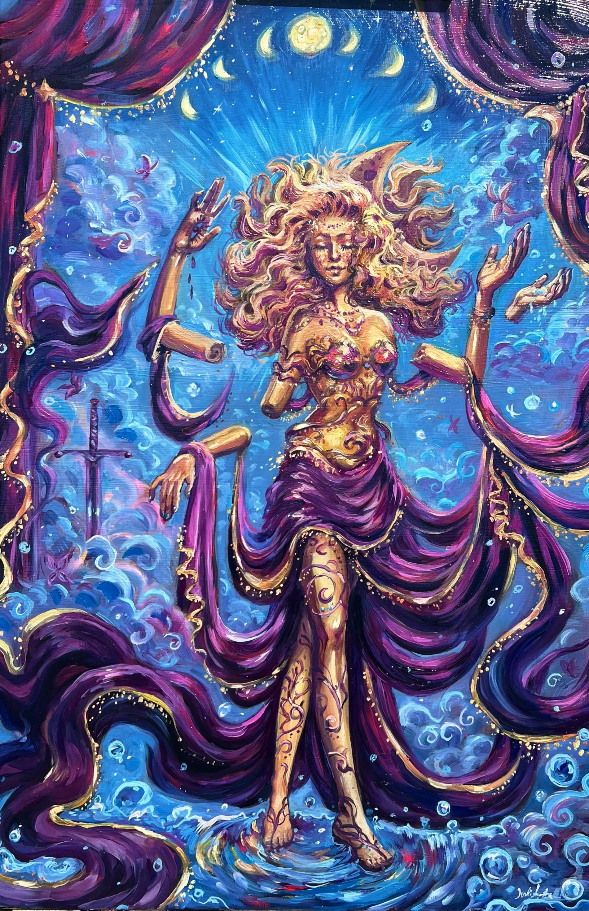 The change within - 999€ + shipping /
50cm x 75cm
A painting about a positive change within a soul and it's seasons.
While she still honors her moon side, the sun is rising.
May it give hope to it's new owner.