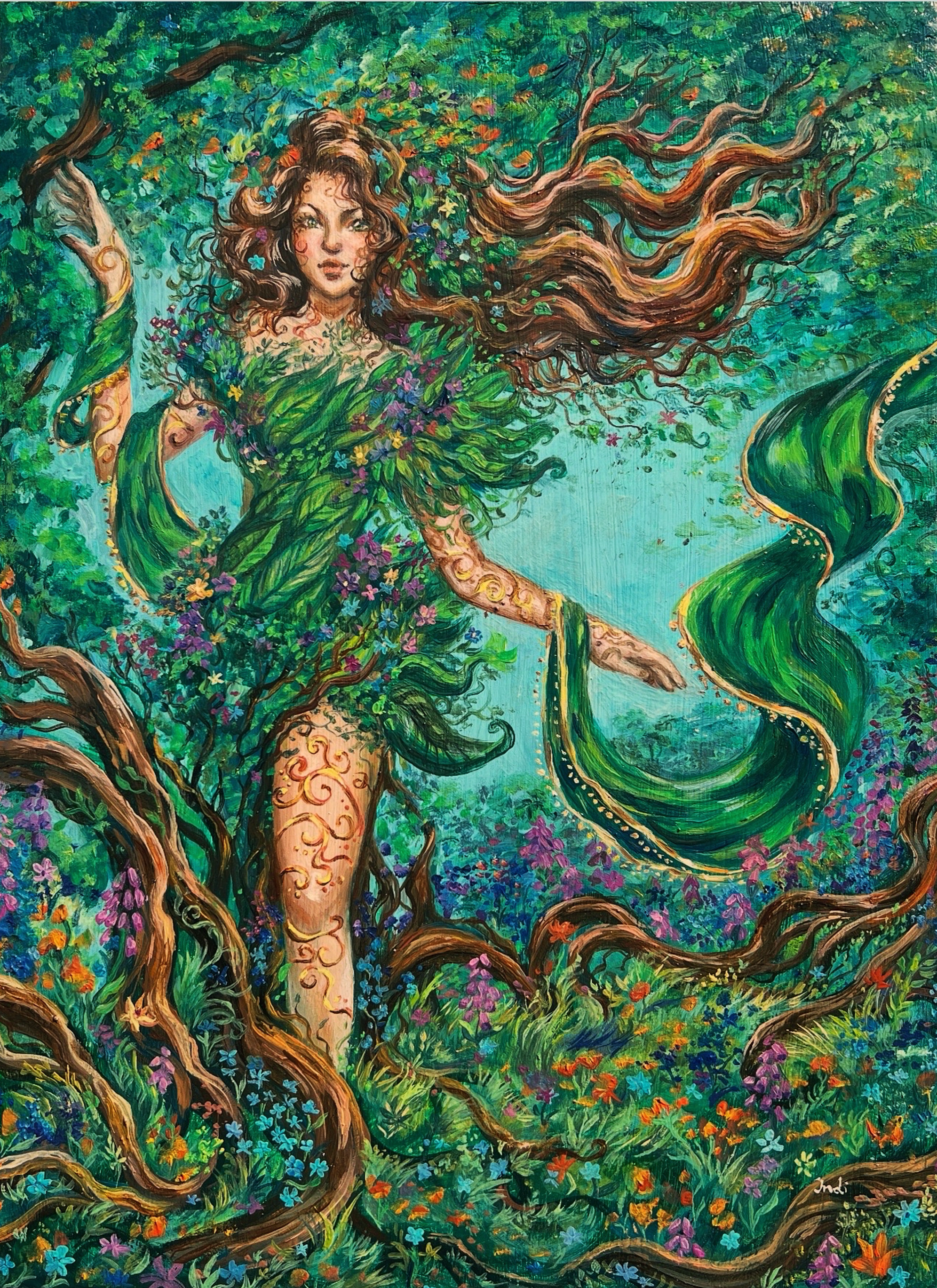 A colorful painting of a woman with flowing hair, surrounded by lush greenery, flowers, and vines, blending into a nature scene.