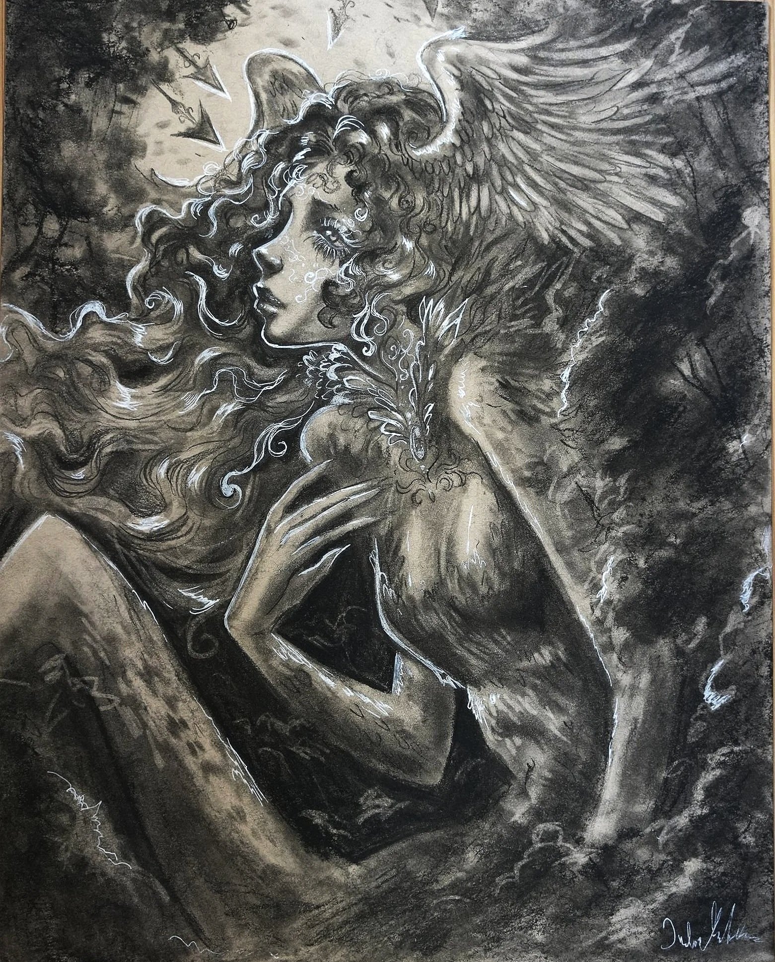 Courage - Available for 150€ + Shipping. 35cm x 28cm.  This characoal drawing is about facing fears and keep going, heading forward with hope.