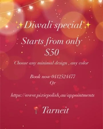 Diwali special offer will include minimal design for no extra charges choose any length between Small- large starting from just ($50-$70) any color of your choice. Above photos are just to give you a reference on what you can get.

Book now 041252447