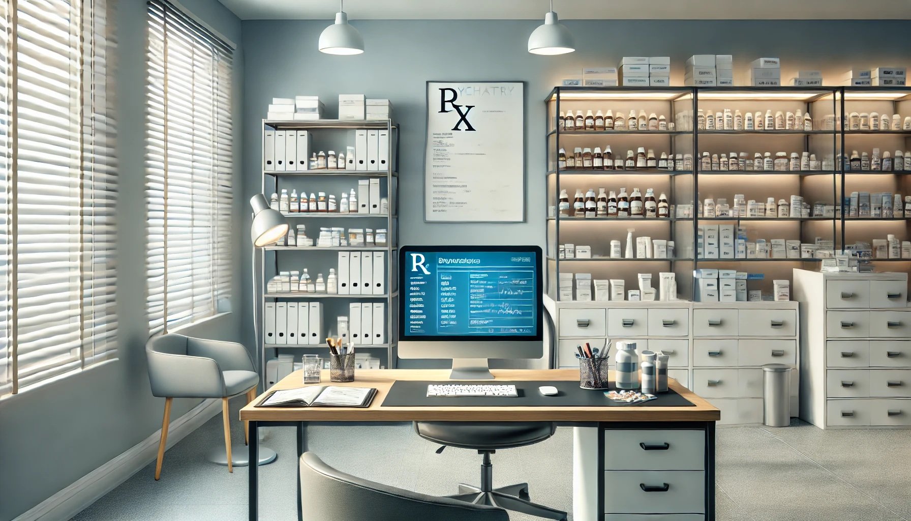 DALL·E 2024-10-14 12.00.14 - A clinical and professional setting depicting a psychiatrist's office. The scene includes a desk with a computer, medical books, and a visible prescri.jpg