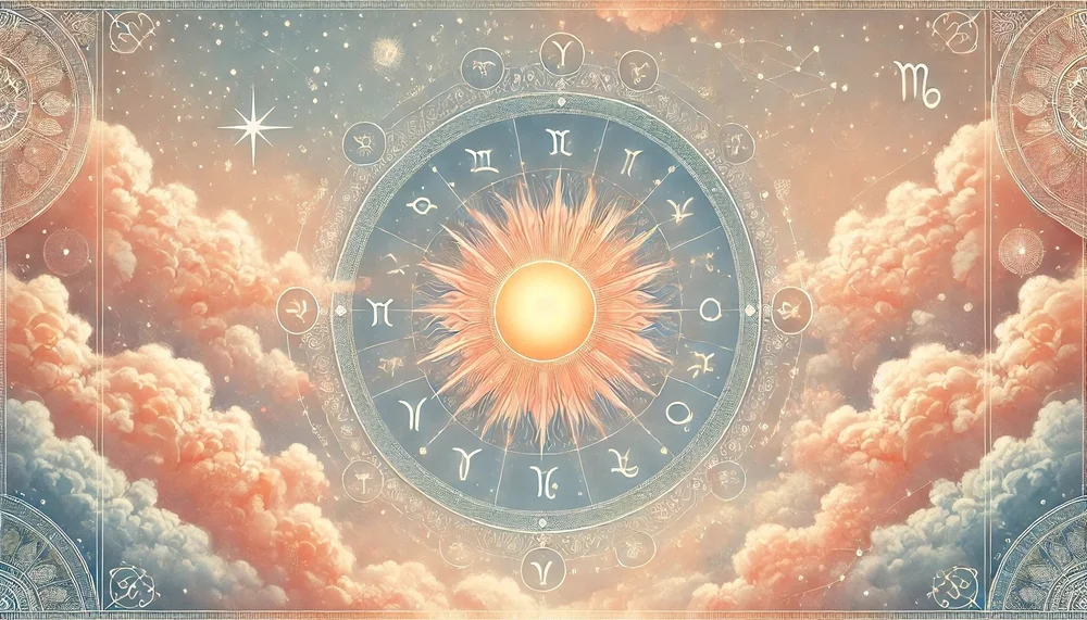 feminine+depiction+of+a+Solar+Return+in+astrology,+featuring+a+soft,+glowing+sun+at+the+center,+radiating+pastel+orange+and+blue+light.+The+sun+is+s.jpg